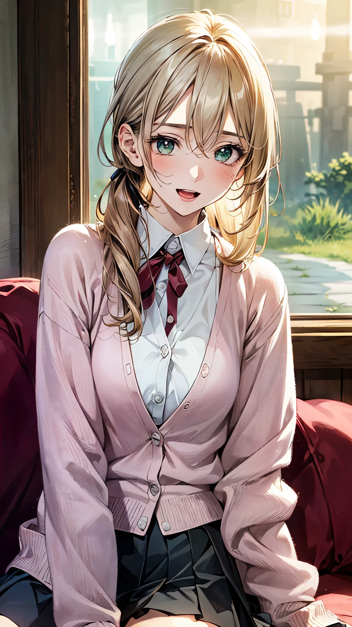 (masterpiece:1.2, top-quality, ultra high res, ultra detailed), (realistic, photorealistic:1.4), beautiful illustration, (natural side lighting, movie lighting),
looking at viewer, (face focus, upper body), 1 girl, japanese, high school dirl, perfect face, (perfect anatomy), cute and symmetrical face, baby face, shiny skin, slender
(middle hair:1.5, topknot, loose hair, blonde hair), hair between eyes, dark green eyes, drooping eyes, big eyes, long eye lasher, (medium breasts),
beautiful hair, beautiful face, beautiful detailed eyes, beautiful clavicle, beautiful body, beautiful chest, beautiful thigh, beautiful legs,
((detailed cloth texture, long sleeve light pink cardigan, white collared shirt, grey pleated mini skirt, dark pink neck ribbon), ), ,
(beautiful scenery), evening, (karaoke room), sitting sofa, (laugh, open mouth),