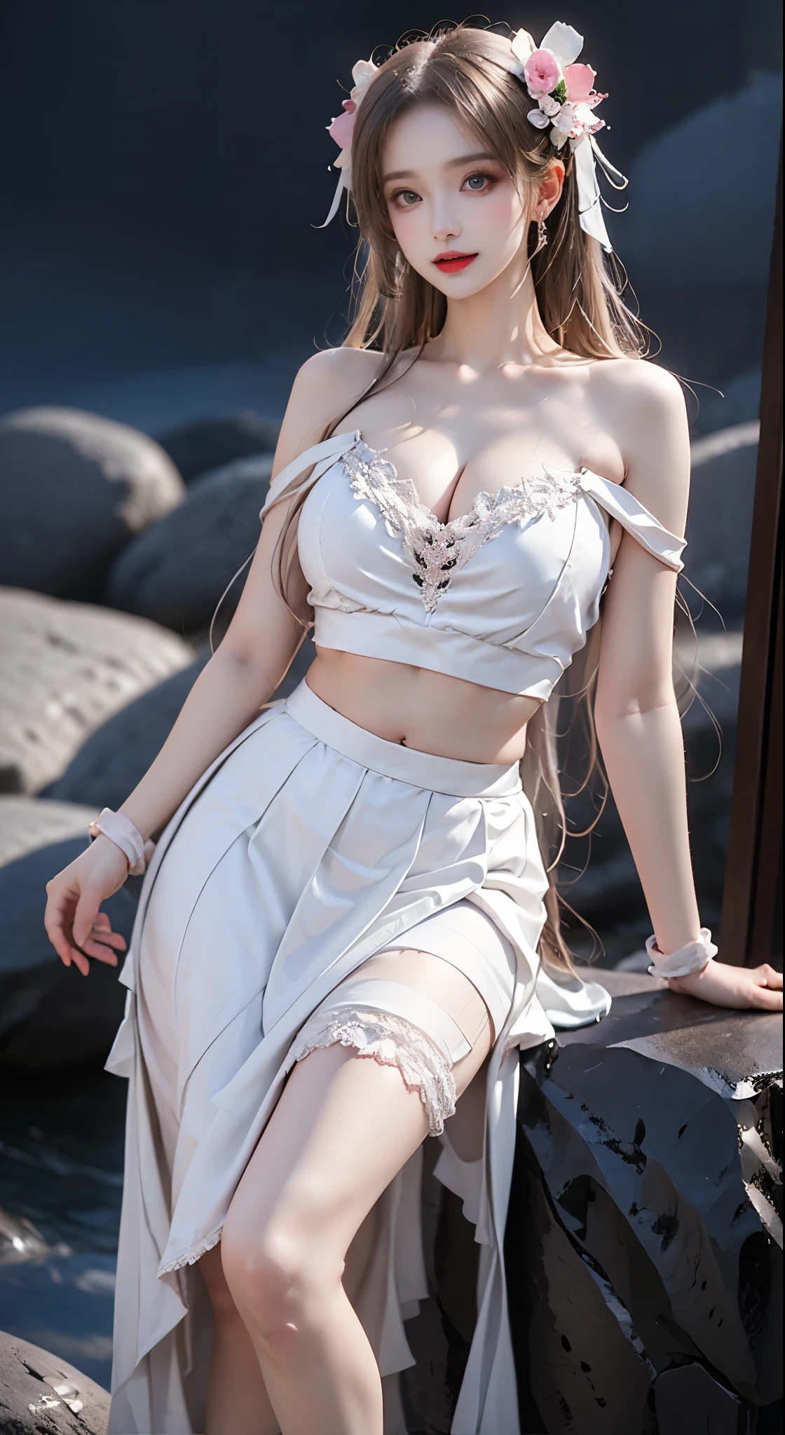 yuicere,midriff,white_skirt, ((bare shoulders)), ((whole body)), actual, fashion girl, red lips, mature women, cosmetics, big eyes, beautiful eyes, ((whole body)), ((from below)), (best quality, masterpiece:1.2), Super detailed, (actual:1.37), ((Sexy long legs)), beautiful, young and energetic, Charming model with, big breasts, cleavage, (delicate eyes, Detailed lips, extremely delicate eyes), show a bright smile, Create stunning girl images, Warm colors, Extremely high color saturation, official art, Extremely detailed CG unified 8k wallpaper,(high dynamic range :1.4), (cinematic),(pastel colors, dull color, soothing tone :1.3), (natural skin texture, ultra-actual, soft light, sharp),(Very detailed), night, moonlight, ((in the mountains, plant, Leaning against the rocks))
