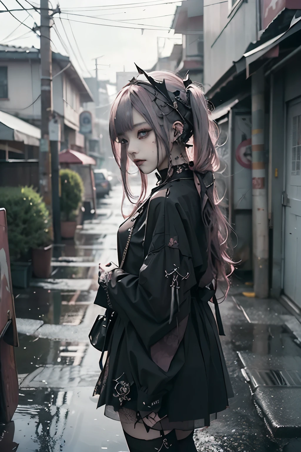 highest quality、8k、masterpiece:1.3、gothic punk、Inner color is red、(pink hair 1.5)、hair ornaments、A red ribbon on your head、beautiful girl、creative、dark fantasy style、dark eye shadow、neo goth、tatoo,pink and black striped tights、goth fashion:1.2、High resolution、masterpiece、highest quality、head w:1.3、((Hasselblad Photos))、fine-textured skin、sharp focus、See here、Desolate city in the rain、puddle on the road、(cinematic lighting)、blurred background、realistic textured hair,Full body Esbian