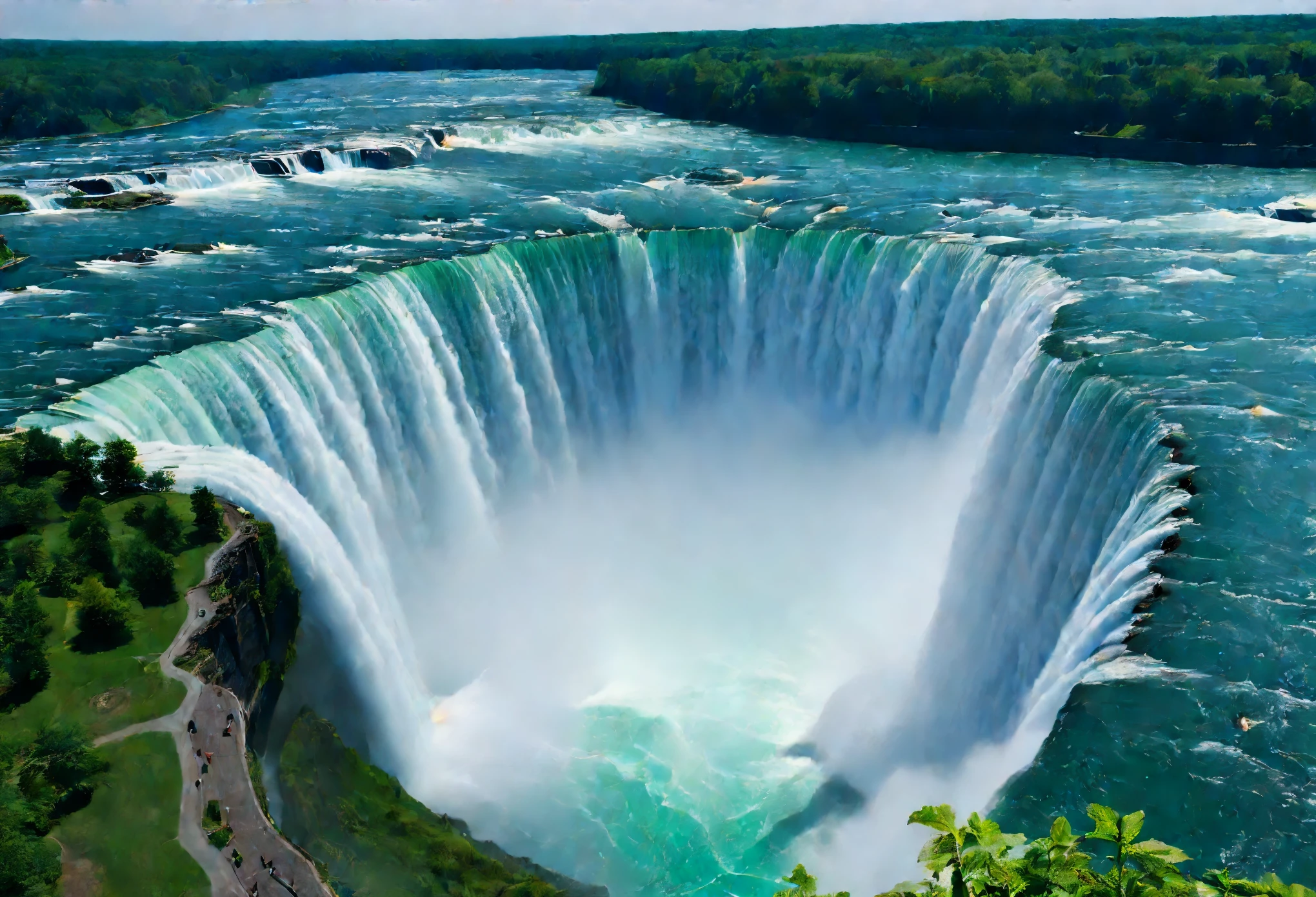Overlooking the entire Niagara Falls from top to bottom,It happens to have a small island that bisects the waterfall.。The waterfalls in that part of the United States are known as the "American Falls",And the rest of the waterfall,Its shape is more like a horseshoe shape,And this horseshoe shape is close to Canada。So the remaining part of the waterfall is called Canada's Horseshoe Falls.。Although these two waterfalls are named respectively by the world, they all belong to Niagara Falls.,But because of the 90 in the waterfall%The water flows into the Canadian Horseshoe Falls,So the Horseshoe Falls is relatively spectacular.。
