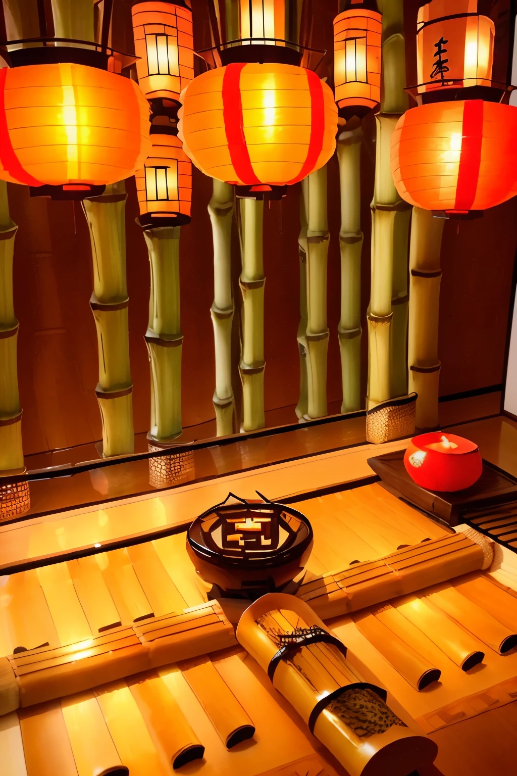 Have a delightful experience at a traditional Japanese restaurant. (sushi bar:1.1), (exciting:1.2), (authentic:1.3), serene atmosphere, (slurping sounds:1.4), fresh sashimi, (soy sauce:1.5), intricately designed chopsticks, steaming hot tempura, vibrant colors of pickled ginger, (Japanese lanterns:1.6), tranquil water feature, wooden tables, minimalistic decor, (bamboo mat:1.7), artful presentation, leaves falling gently outside, (umami:1.8), sake glass rising in toast, savory teriy