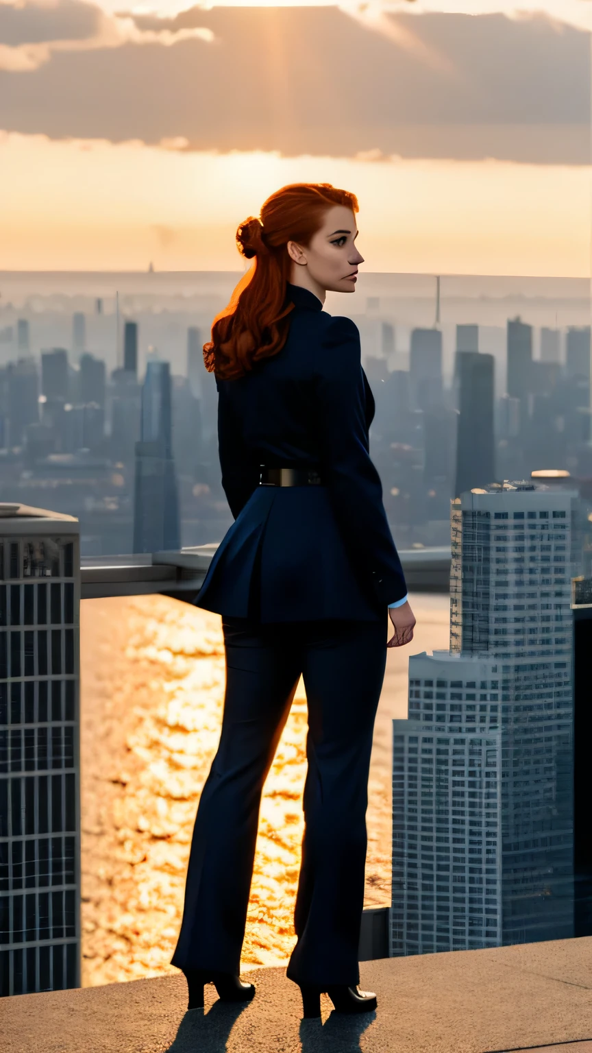 A powerful image of a young redhead woman, hair styled two buns, navy blue blouse and formal pants, atop a skyscraper at sunset, looking out over the city below with tall buildings, she stands in a heroic pose, symbolizing the protection and visionary future she represents for the urban ecosystem.