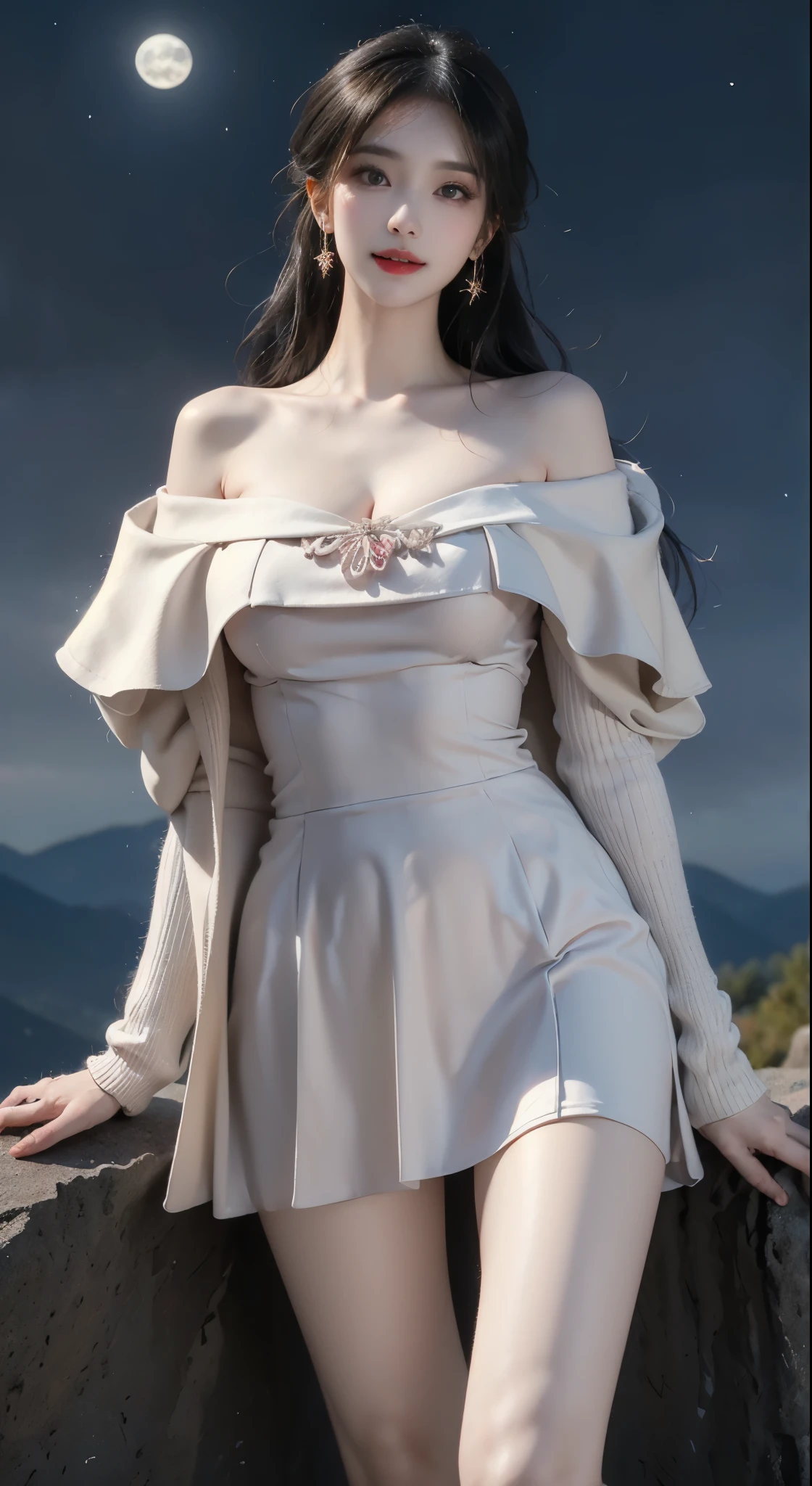 cyb skirt, long sleeves, capelet, wool ball scarf, scarf, ((bare shoulders)), ((whole body)), actual, fashion girl, red lips, mature women, cosmetics, big eyes, beautiful eyes, ((whole body)), ((from below)), (best quality, masterpiece:1.2), Super detailed, (actual:1.37), ((Sexy long legs)), beautiful, young and energetic, Charming model with, big breasts, cleavage, (delicate eyes, Detailed lips, extremely delicate eyes), show a bright smile, Create stunning girl images, Warm colors, Extremely high color saturation, official art, Extremely detailed CG unified 8k wallpaper,(high dynamic range :1.4), (cinematic),(pastel colors, dull color, soothing tone :1.3), (natural skin texture, ultra-actual, soft light, sharp),(Very detailed), night, moonlight, ((in the mountains, plant, Leaning against the rocks))