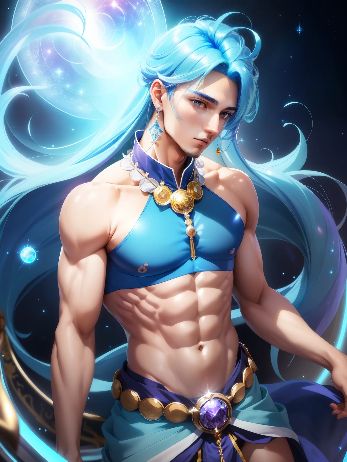 Close-up of a blue-haired cartoon male character, beautiful celestial mage, heavenly aura, solo, Purple cyan long hair boy, Knight of Zodiac Boy, Sparkling Magical Boy, royal elegant pose, Anime man in blue bikini, Anime man in belly button costume, anime prince, blue crop top, blue mini skirt, magical aura around him, Zodiac Boy Portrait Knight, magical shiny skin, at night!!, male focus, bare legs,  bare shoulders, bare arms, 