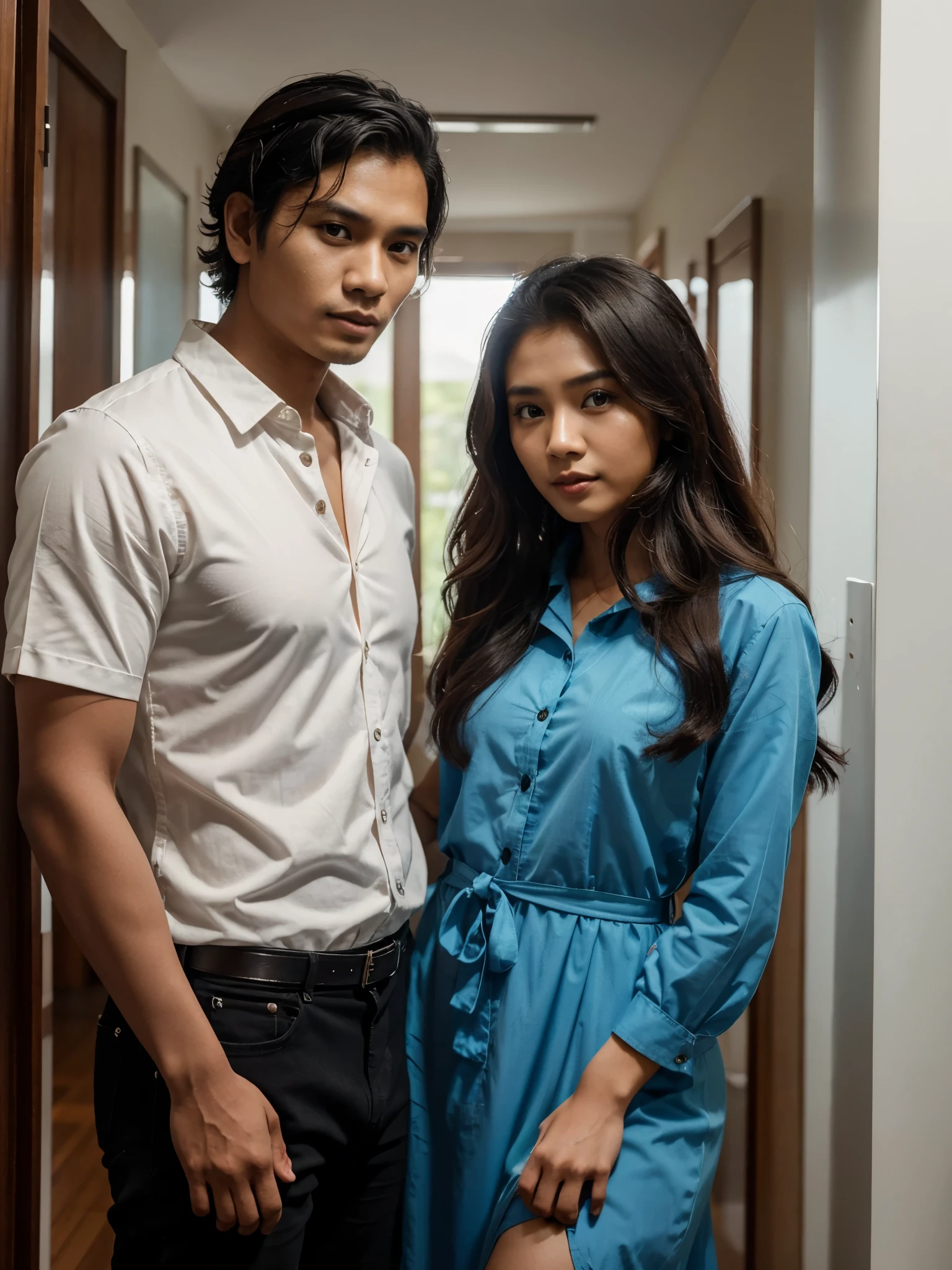 The man's shirt is light-black, his pants are black, and he has a watch on his left hand. The woman is wearing a light-purple dress, her hair is black, and she is wearing a watch on her right hand. Both are a couple. The color of the skin is pale. The floor is an old house indian cupple