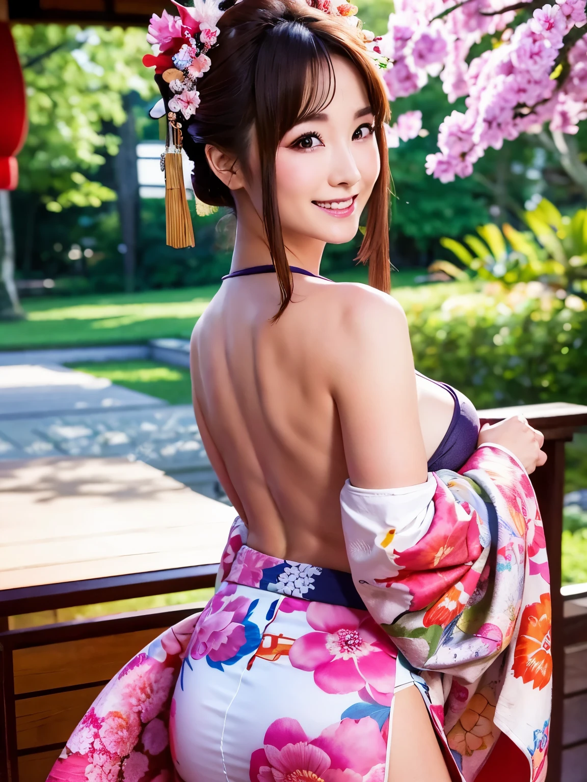 Beautiful girl in kimono loincloth, Lower body exposed, ample breasts, Rear view, cute, well-groomed face, big ass, looking back with a cute smile, 3 sizes, B95W60H90 Masterpiece,hyper quality, very detailed,perfect picture,CG,3D,8k,shape  