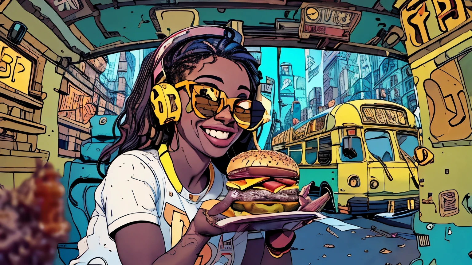 Close up fisheye Depth of field Close up pov view fisheye ,background a yellow bus in new York style, add red ti the background , dj dark skin dj wearing headphones dark skinned girl holding a big mac burger , juicy burger burger drink, cool and hip smile happy girl smiling exaggerated comic style character sheet design, outline body . Write (( bus burger )), Holding a big burger, big mac with sauce drippings 