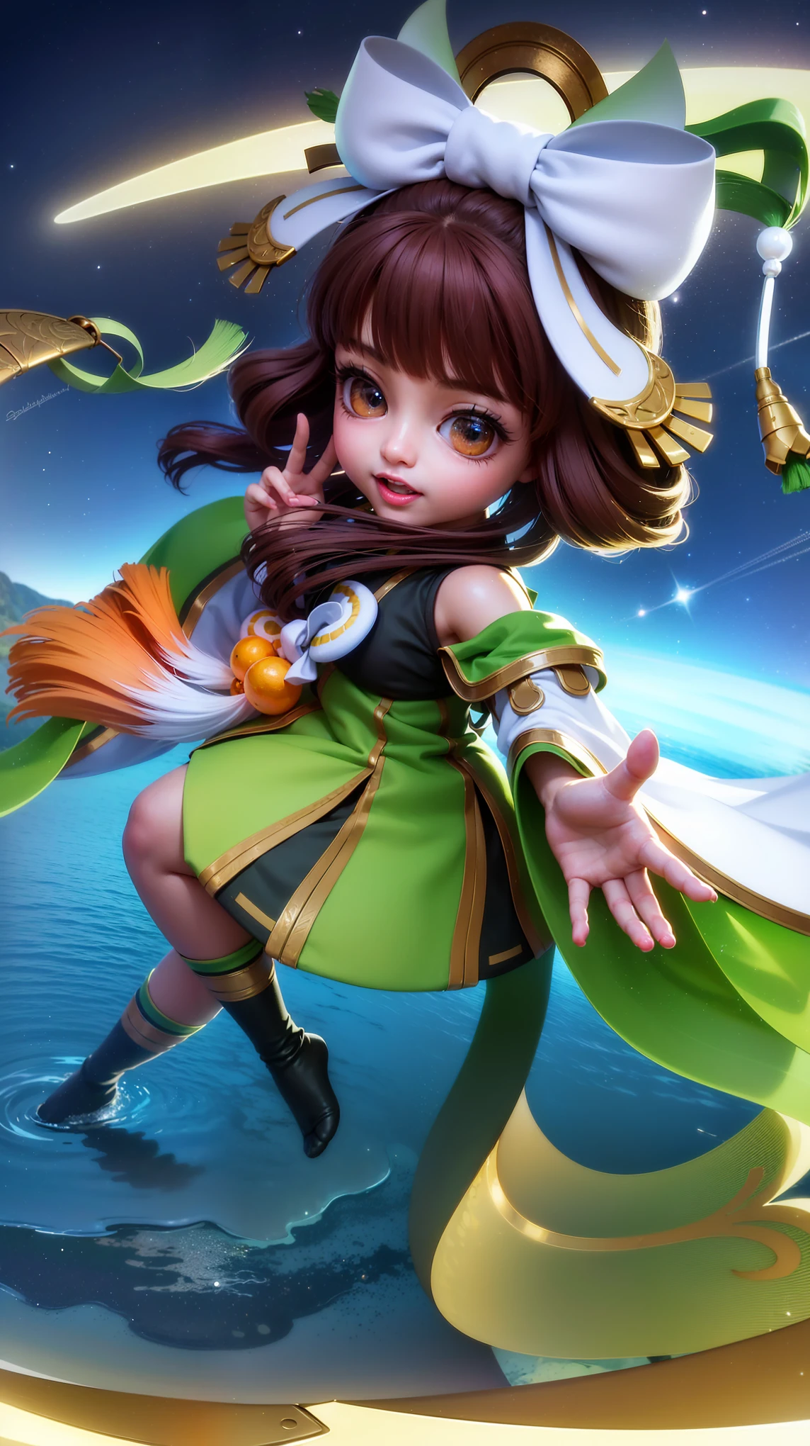 (8k, RAW photo, photorealistic:1.25) ,( lipgloss, eyelashes, gloss-face, glossy skin, best quality, ultra highres, depth of field, chromatic aberration, caustics, Broad lighting, natural shading, looking at viewer with a serene and goddess-like happiness, change from mobile legend game, black hair, red eyes, green ribbon, green kimono outfit, dynamic pose, outer space, relisem,