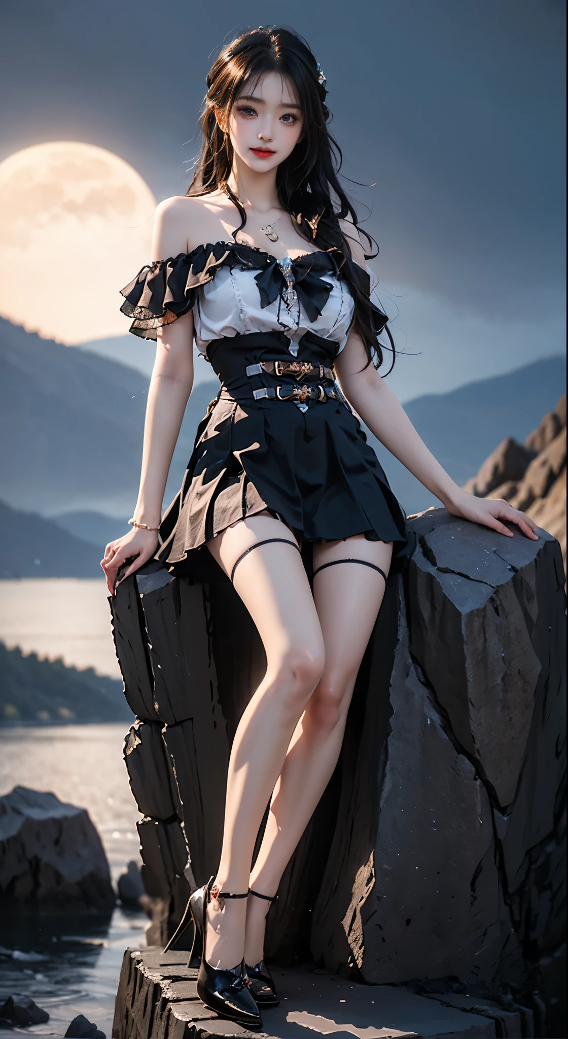 Lynette_genshin,((1girl)), grey hair, cat ears, black short dress, (white long sleeves), black pantyhose, black boots, cleavage, ((bare shoulders)), ((whole body)), actual, fashion girl, red lips, mature women, cosmetics, big eyes, beautiful eyes, ((whole body)), ((from below)), (best quality, masterpiece:1.2), Super detailed, (actual:1.37), ((Sexy long legs)), beautiful, young and energetic, Charming model with, big breasts, cleavage, (delicate eyes, Detailed lips, extremely delicate eyes), show a bright smile, Create stunning girl images, Warm colors, Extremely high color saturation, official art, Extremely detailed CG unified 8k wallpaper,(high dynamic range :1.4), (cinematic),(pastel colors, dull color, soothing tone :1.3), (natural skin texture, ultra-actual, soft light, sharp),(Very detailed), night, moonlight, ((in the mountains, plant, Leaning against the rocks))