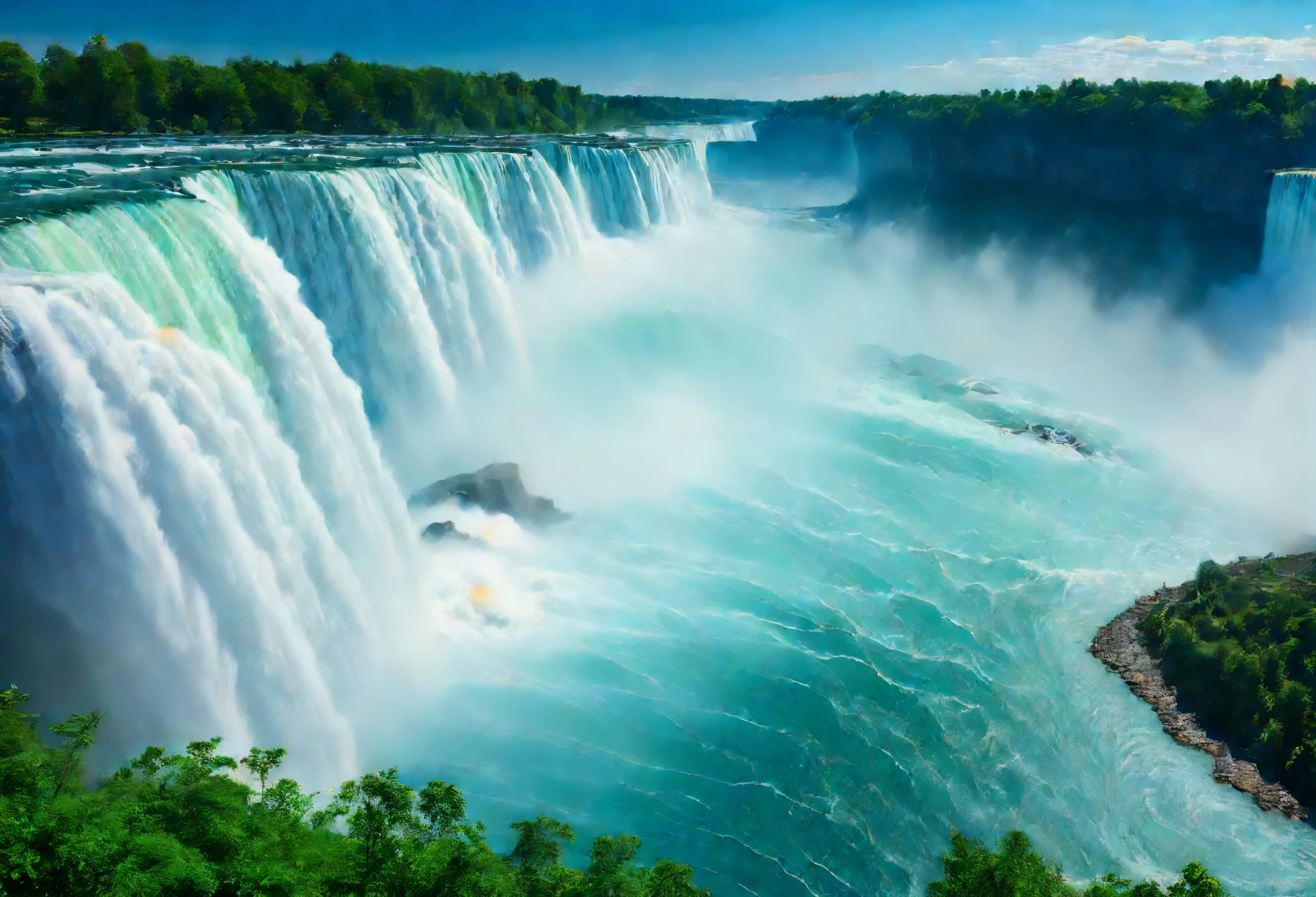 (best quality,4k,highres,masterpiece:1.2),ultra-detailed (realistic:1.37),
Niagara Falls, the world's number one waterfall, is an absolute marvel. The massive volume of water flowing down creates a truly awe-inspiring spectacle. With its towering height and expansive width, the falls command attention and leave visitors in awe of its grandeur. As you approach the falls, the thunderous sound of the rushing water can be heard from up to 30 kilometers away. The sheer power and magnitude of the cascading water is a sight to behold, truly a force of nature to be reckoned with. The combination of its natural beauty, the vibrant colors, and the tremendous energy make this waterfall an iconic landmark. 

The breathtaking scene is captured in the medium of photography, ensuring the highest level of detail and realism. The focus is on showcasing the falls in their purest form, with the water gushing down in sharp focus. The crisp details of the water droplets and the surrounding nature create an immersive experience for the viewer. The use of HDR technology and studio lighting further enhances the image quality, allowing every element of the scene to come to life.

Immerse yourself in the natural beauty of Niagara Falls, where the vibrant blue hues of the water contrast beautifully with the lush greenery of the surrounding landscape. Witness the interplay of light and shadow, as the sun's rays create mesmerizing patterns on the water's surface. The immense scale of the falls is accentuated by the inclusion of human figures in the foreground, providing a sense of perspective and awe. These individuals, captivated by the sheer power of the falls, serve as a reminder of the immense force of nature. 

Feel the mist gently caress your face as you stand at the edge of the falls, adding a touch of ethereal beauty to the scene. The ever-changing colors and the constant movement of the water create a dynamic and captivating composition. The scene is bathed in warm, golden light, emana