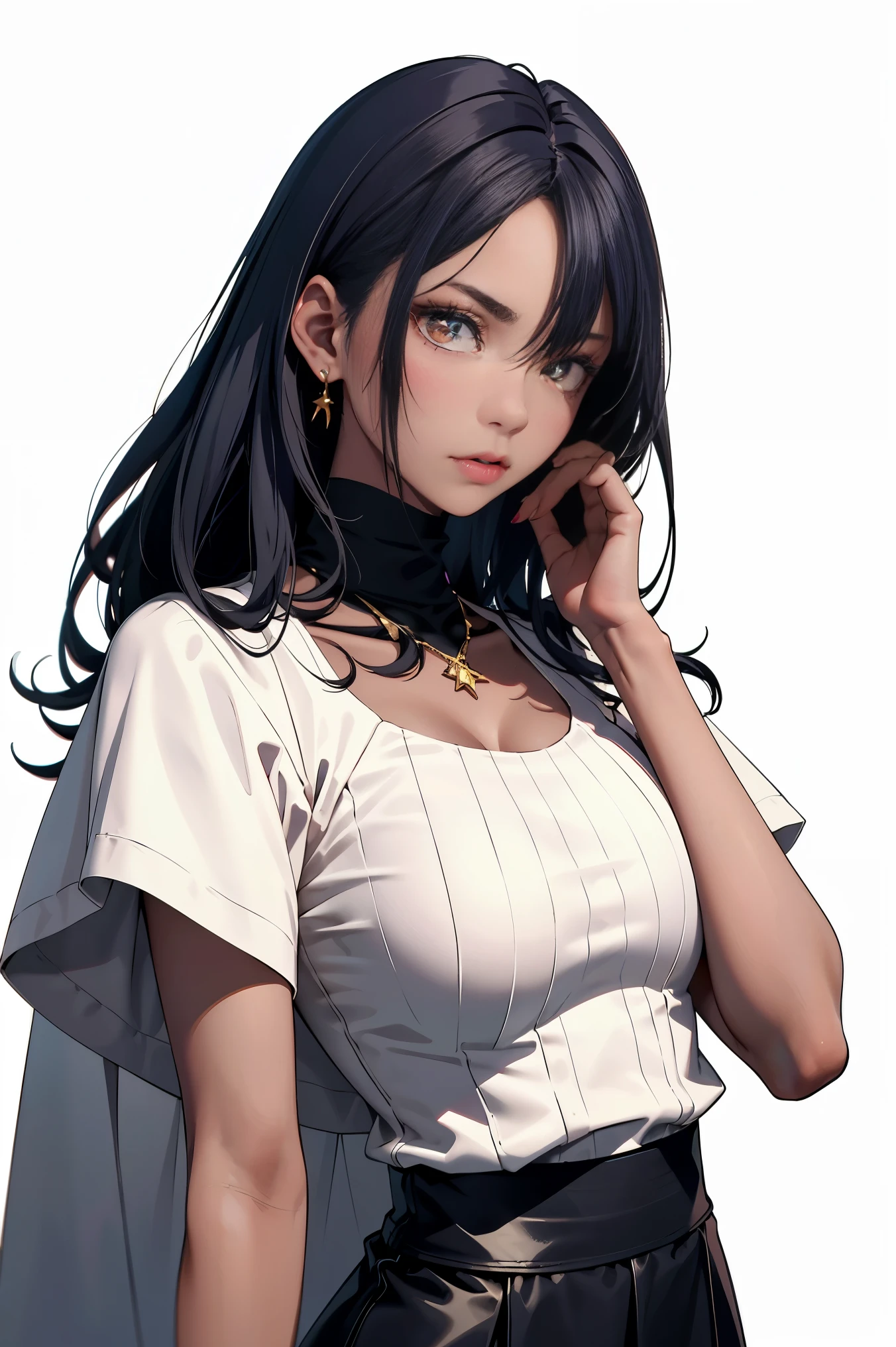 a 20 yo woman、Black blue Hair、poneyTail、(hi-top fade:1.3)、dark themed、Muted Tones、Subdued Color、highly contrast、(natural skin textures、Hyper-Realism、Soft light、sharp)、makeup, mascara, Lips are subdued or colors, simple black background, Minimalism, monotone, simple color palettes, Clean, sharp designs, flowing silhouettes, Tight skirts and pants, high-waisted skirts and pants, simple dresses, shirts and blouses, asymmetrical, geometric, Elegant and luxurious materials and designs, Simple, minimal accessories, Slim necklaces and rings in silver or gold, Simple bangles, Distinctive designs, simple silhouettes, simple and sophisticated style, elegance, minimalism, high quality materials, cool and urban impression, high fashion, simplicity and sophistication,Santa Costumes、Christmas、Christmas cosplay、The background is a Christmas tree、