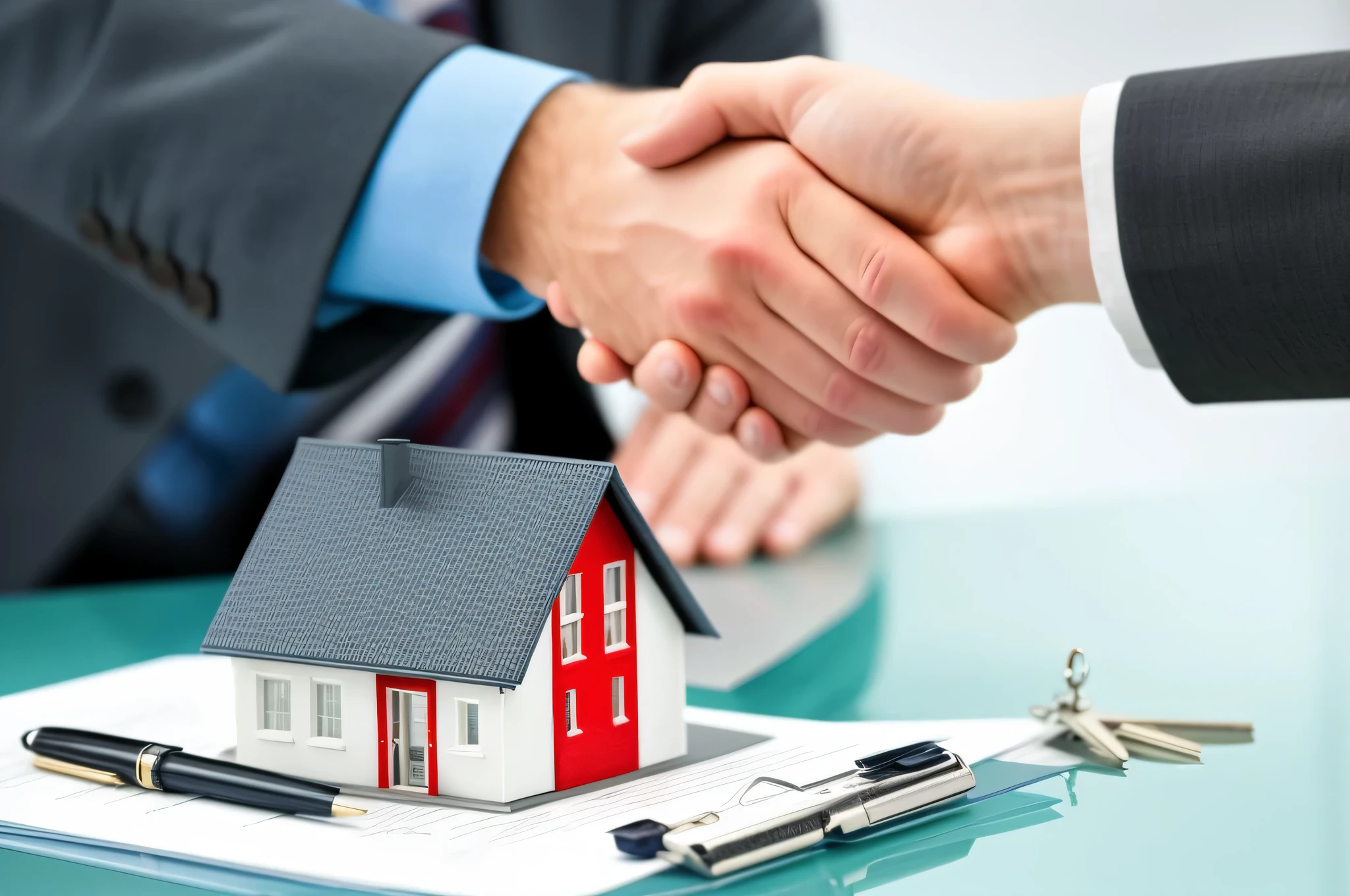 two people shaking hands in front of a house with a briefcase, people looking at a house, d render, highly rendered, artists rendition, an estate agent listing photo, rendered image, artistic render, rendered, rendered illustration, rendered art, standing outside a house, concept piece, marketing photo, single image, drawn image, pre-rendered, highly rendered!!