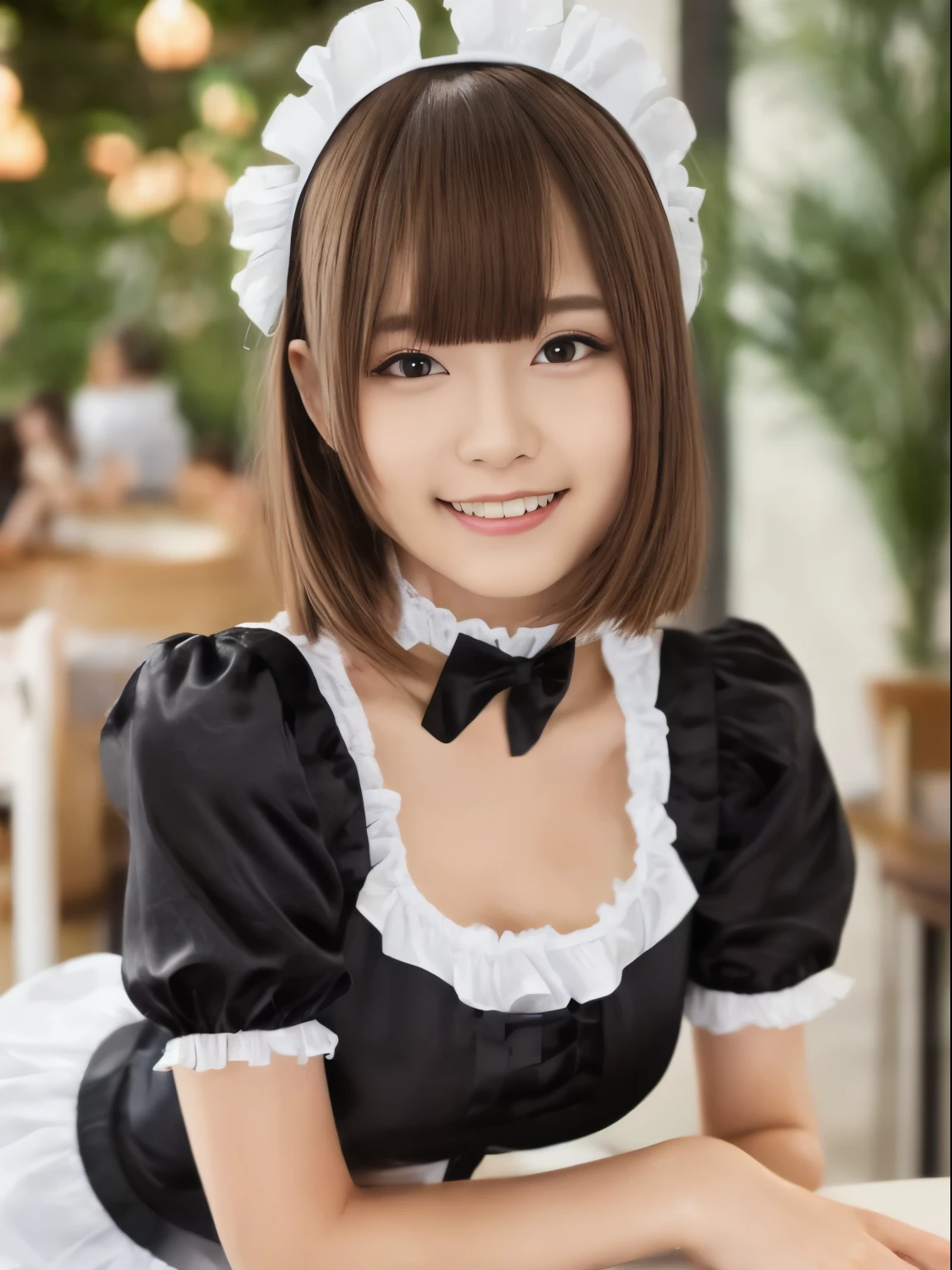 masterpiece, 1 girl per photo, upper body shot, View from the front, young beautiful japanese woman, She is wearing a cute short-sleeved satin silky black maid outfit and smiling broadly at a cafe., wearing a white frilly headband, white frilly apron, black choker, glamorous look, super cute face, glossy lips, sweaty body, double eyelids in both eyes, natural makeup, long eyelashes, Shiny and smooth light brown long bob hair, asymmetrical bangs, sunburned skin, center image, 8K resolution, high detail, detailed hairstyle, detailed face, great cinematic lighting, octane rendering, lively, surreal, perfect limbs, perfect anatomy