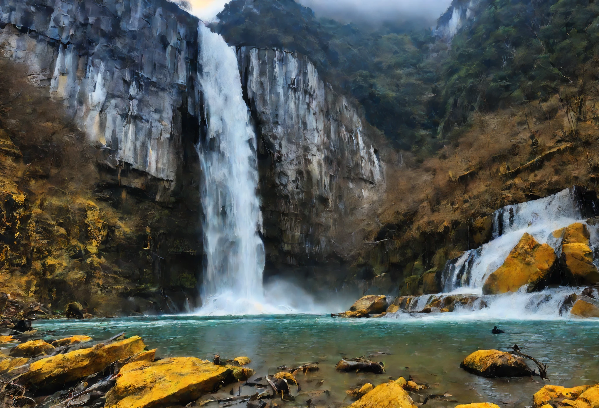 The mountains are flying and the sea is standing",It describes the majestic power of the waterfall.,Rolling yellow water falls from the sky,Like thousands of mountains collapsing,Falling all over the world。"Thunder on a Dry Day",It refers to the loud sound of river water hitting the mountain and falling to the bottom of the pot.,Like ten thousand drums sounding in unison、Thunderbolt from the blue sky,The sound spreads dozens of miles away。Icicles hanging upside down are a winter sight,Boating on dry land is a thing of the past
