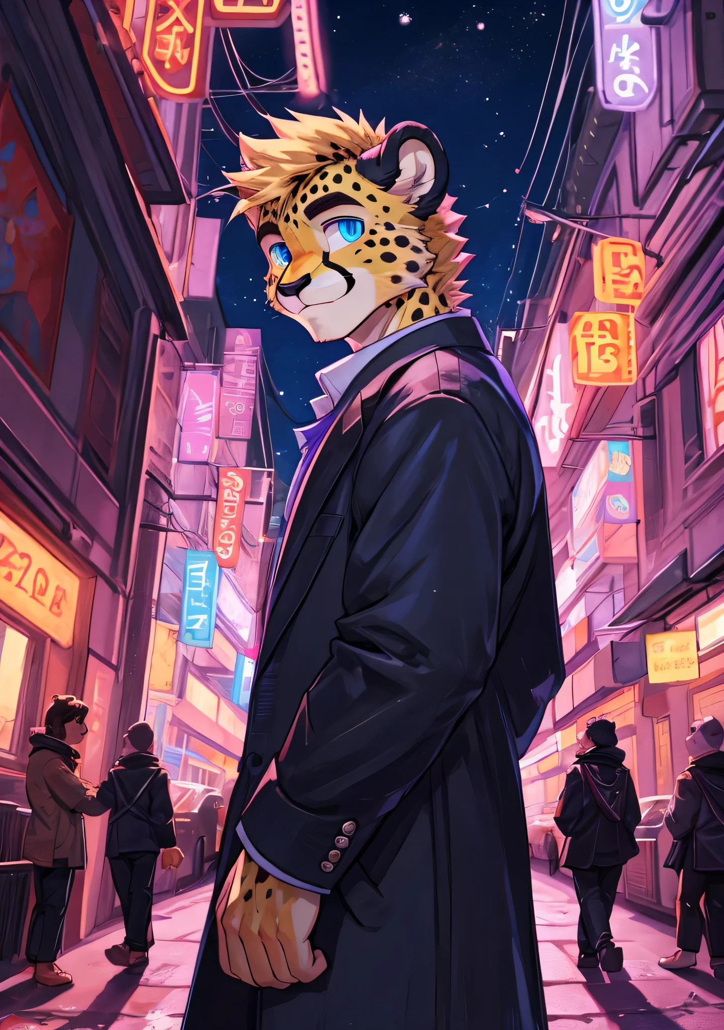 panoramic, Character Focus Solo, whole body, Bright Eyes, long tail, young male cheetah, casual wear, Temporal, smiling face, blue eyes, teenager, cute face, One meter seven, Handsome, young style, night, neon city street, masterpiece, Very detailed, Bright colors,