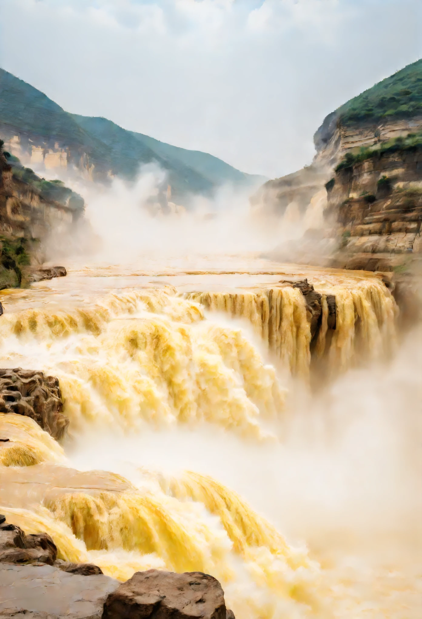 Hukou Waterfall landscape，Smoke from the bottom of the water，mud color，Take care of the place where the Yellow River enters the &quot;Hukou&quot;，Rapid turbulence，Aroused water mist，soar into the sky，Steaming clouds reaching the sky，Like billowing smoke rising from the bottom of the water，Ten miles away。