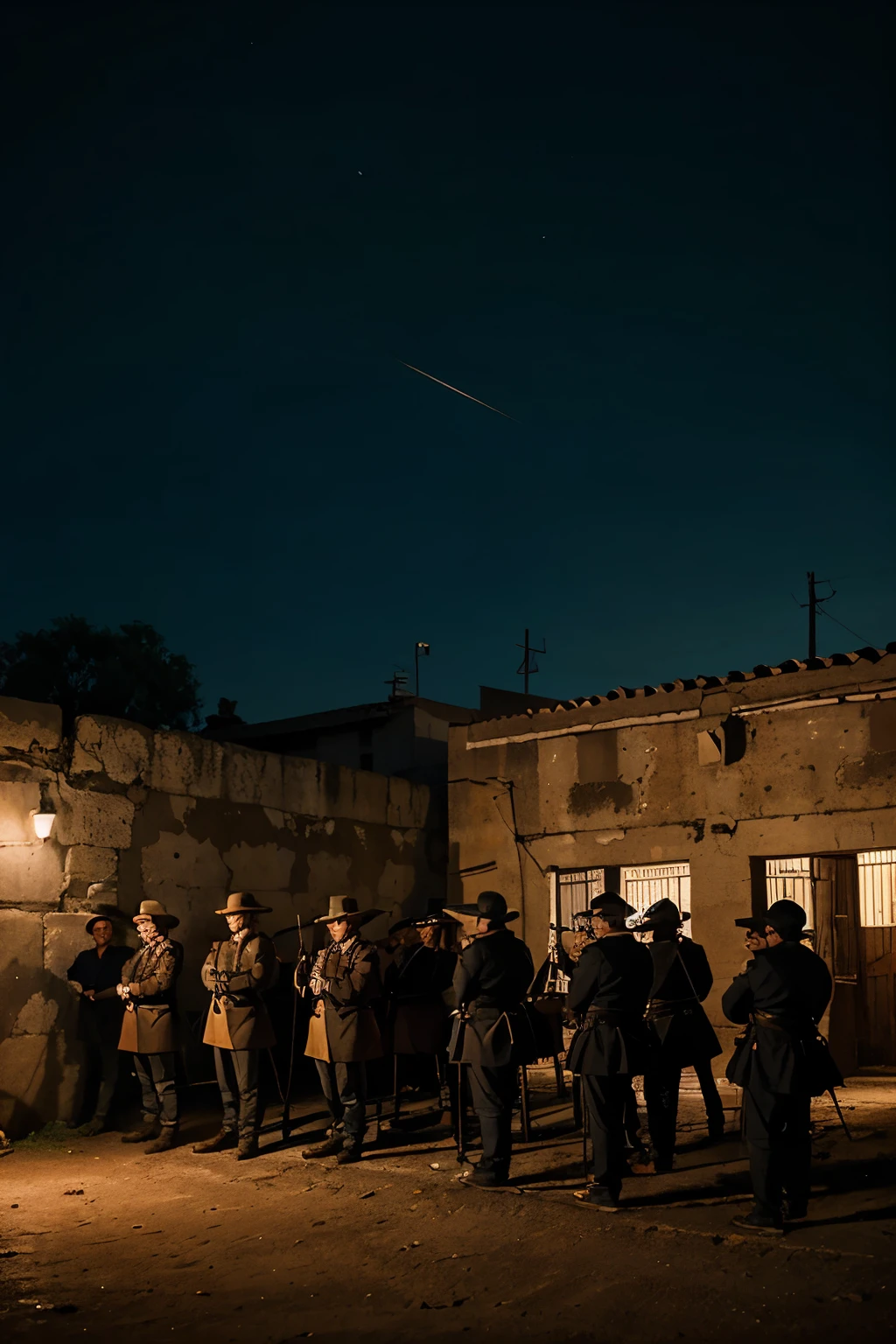 A 1930s Spanish prison firing squad scene. Six rifle barrels point at the reader obliquely, showing the rifles. The rifles are from the Spanish Republic and Civil War era. The background is a prison yard with high brick walls, some with bullet marks. The sky is orange, indicating dusk. The book title is "SIETE VECES FUSILADO", in pulp style font. The author is the writer's name. The tone and atmosphere are of drama and intrigue.
Estilo de arte retro, Hombre viejo, CRUDO, obra maestra, Llevar traje elegante, fancy, medieval, cielo nocturno, Pueblo nocturno, dim lighting,