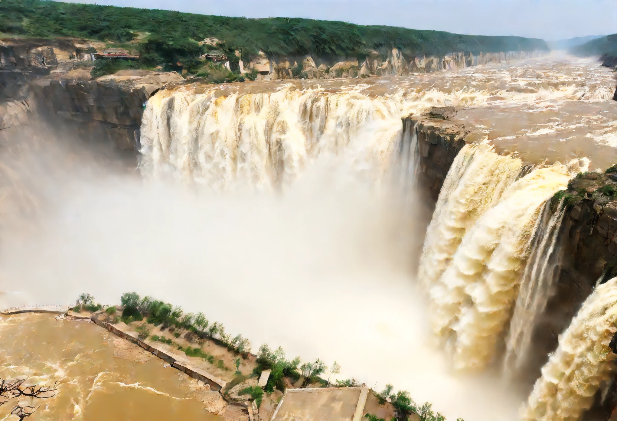 Hukou Waterfall is the second largest waterfall in China，largest waterfall in the world [3-7]。The Yellow River flows here，Sheer cliffs on both sides of the bank，The mouth of the river is as narrow as the mouth of a pot，Hence the name Hukou Waterfall。The water surface of the Yellow River upstream of the waterfall is 300 meters wide.，Within a distance of less than 500 meters，Compressed to a width of 20-30 meters。1000 cubic meters/Seconds of river water，Pouring from a cliff more than 20 meters high，Forming the spirit of &quot;harvesting a thousand miles of Yellow River in one pot&quot;。 [2]