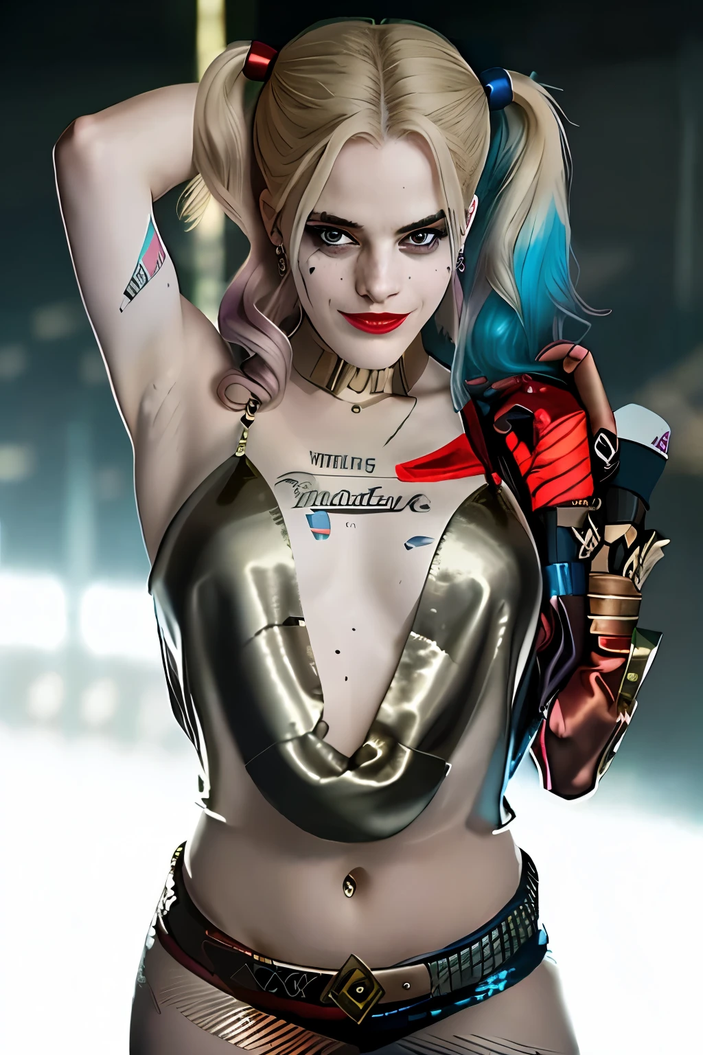 Photo full shot solo portrait of [Emma Watson] as [harleyquinn] as a real-life version of (harleyquinn),dc comics, blonde hair, with (sexy black dress), (sexy neckline), fantastic breasts, perfect breasts, perfect hands charming smile, by Hubert Robert and Alex Timmermans ultra realistic highly detailed intricate photorealistic style photography sharp focus on the eyes, cinematic lighting