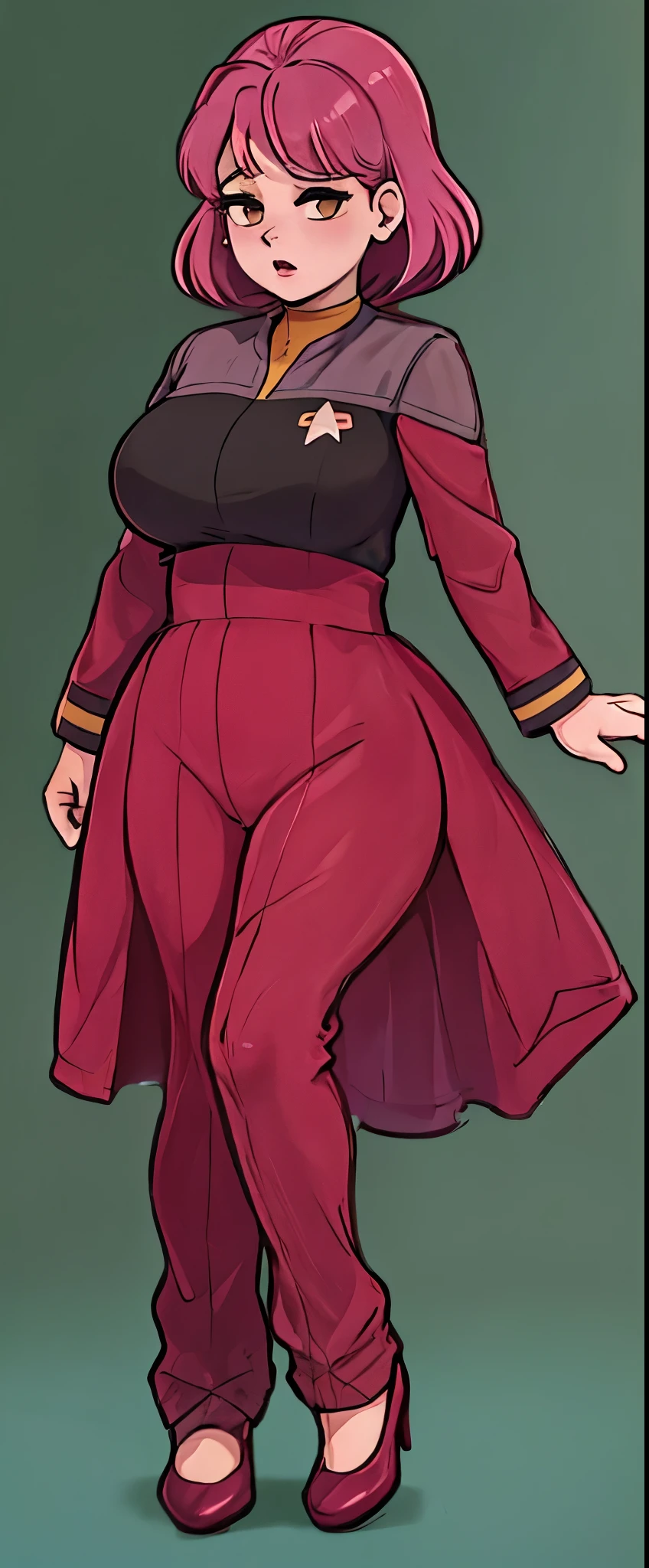 wallpaper best quality, masterpiece:1.2), anime aesthetic fullbody fullframe solo 1 adult round large fat plump female tall dress pink hair ds9st red and black uniform ds9st teal and black uniform ds9st yellow and black uniform ds9st command ds9st operations ds9st science disdain