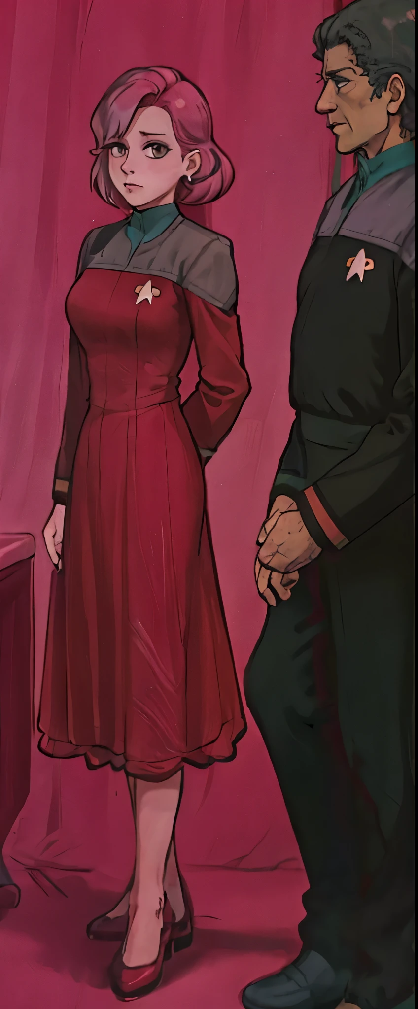 wallpaper best quality, masterpiece:1.2), anime aesthetic fullbody fullframe solo 1 adult female tall dress pink hair ds9st red and black uniform ds9st teal and black uniform ds9st yellow and black uniform ds9st command ds9st operations ds9st science disdain