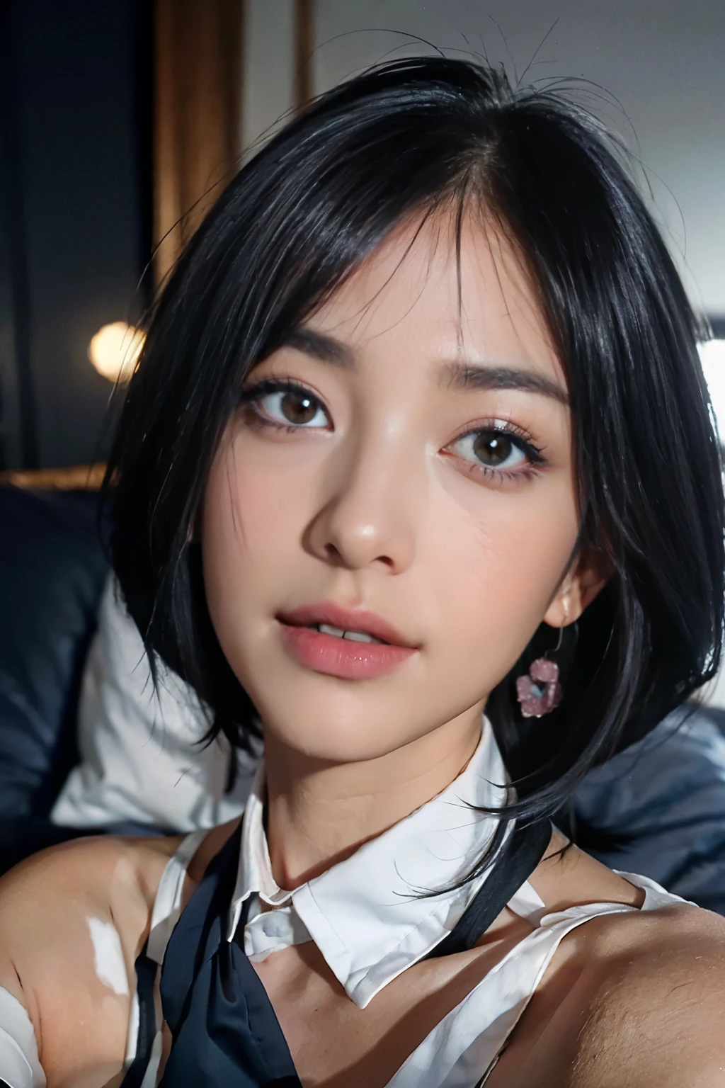 (Shoulder length black bob straight hair:1),（Extremely detailed CG),(((8k))),wallpaper，（extremely delicate and beautiful），（masterpiece:2.0），（best quality:2.0），（超high resolution:2.0），beautiful lights，perfect lightning,Realistic shadows，[high resolution],(Smooth and flawless fair skin:1.5),Facial details are extremely delicate,Super detailed,a girl，small head,small face,Exquisite makeup,dawn,dim lights,at home,in the bedroom,Blue wall,(sitting on bed:1.5),(lol:1.2),happy,from the front,(Perfect body:1.1),medium breast,Slim,thin,(white collar shirt:1.5),(Female sexuality:1.5),(blush:1.3),(Upper body close-up:1.3),((portrait))