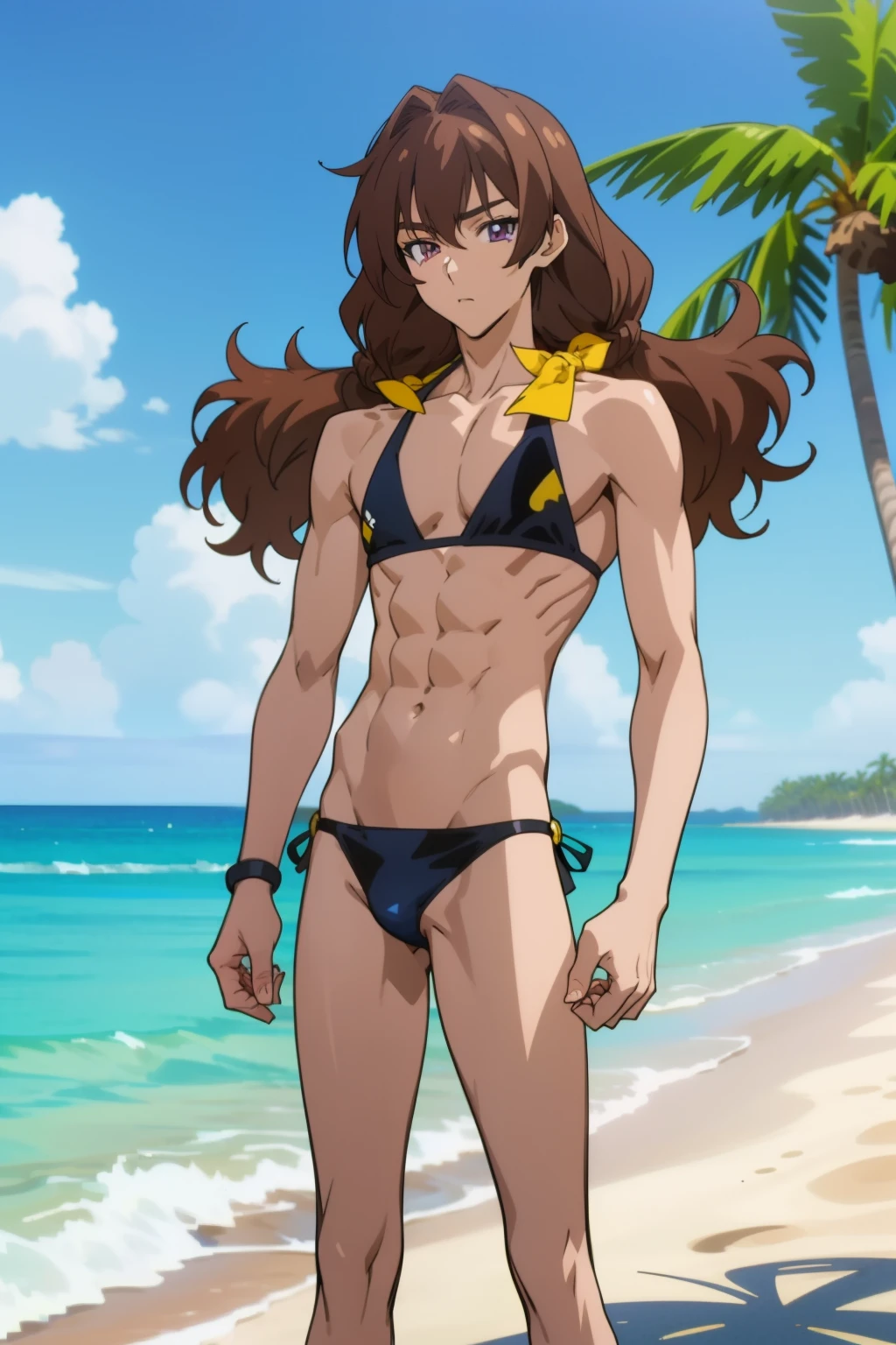 Man in bikini standing on the beach next to palm trees, Boy with long two side up brown hair, Long twin-tailed brown-haired boy, boy with purple eyes, solo, captivating anime boy, 魅力的なanime boy, bikini with an black and yellow edge top, bikini with an black and yellow edge bottom, Highly rated on pixiv, wearing bikini swimwear, seductive anime men, whole body, Are standing, wearing a swimsuit, in a triangle bikini, かっこいいanime boy, Smooth anime CG art, clothing:bikini swimwear, Beautiful charming anime men, realistic bikini, cool anime guy, beautiful charming anime teen, (anime boy), Highly detailed altogerm, Beautiful anime men, black and yellow bikini, anime moe art style, best anime boy, male focus,