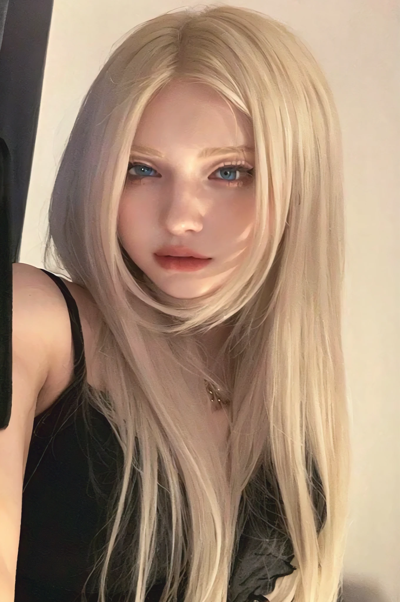 blond woman with long hair and blue eyes taking a selfie, very very pale blond hair, extremely pale blond hair, pale hair, with white long hair, ava max, with long white hair, pale porcelain white skin, pale fair skin!!, her hair is white, 18 years old, very very very pale white skin, with long blond hair, perfect white haired girl