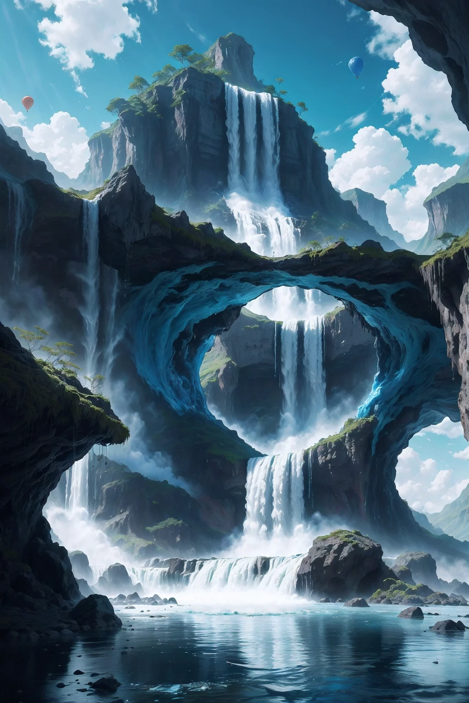 giant blue balloon, Waterfall floating on balloons, magnificent clouds, blue theme, epic Waterfall, in another planet