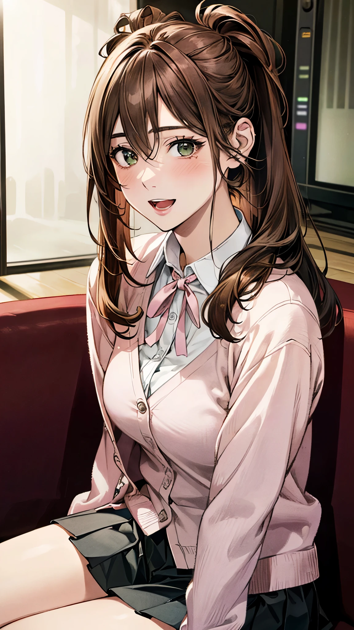(masterpiece:1.2, top-quality, ultra high res, ultra detailed), (realistic, photorealistic:1.4), beautiful illustration, (natural side lighting, movie lighting), 
looking at viewer, (face focus, upper body), 1 girl, japanese, high school dirl, perfect face, (perfect anatomy), cute and symmetrical face, baby face, shiny skin, slender
(middle hair:1.5, straight hair, (topknot), loose hair, orange brown hair), hair between eyes, dark green eyes, drooping eyes, big eyes, long eye lasher, (medium breasts), 
beautiful hair, beautiful face, beautiful detailed eyes, beautiful clavicle, beautiful body, beautiful chest, beautiful thigh, beautiful legs, 
((detailed cloth texture, long sleeve light pink cardigan, white collared shirt, grey pleated mini skirt, dark pink neck ribbon), ), , 
(beautiful scenery), evening, (karaoke room, karaoke_machine), sitting sofa, (laugh, open mouth), 