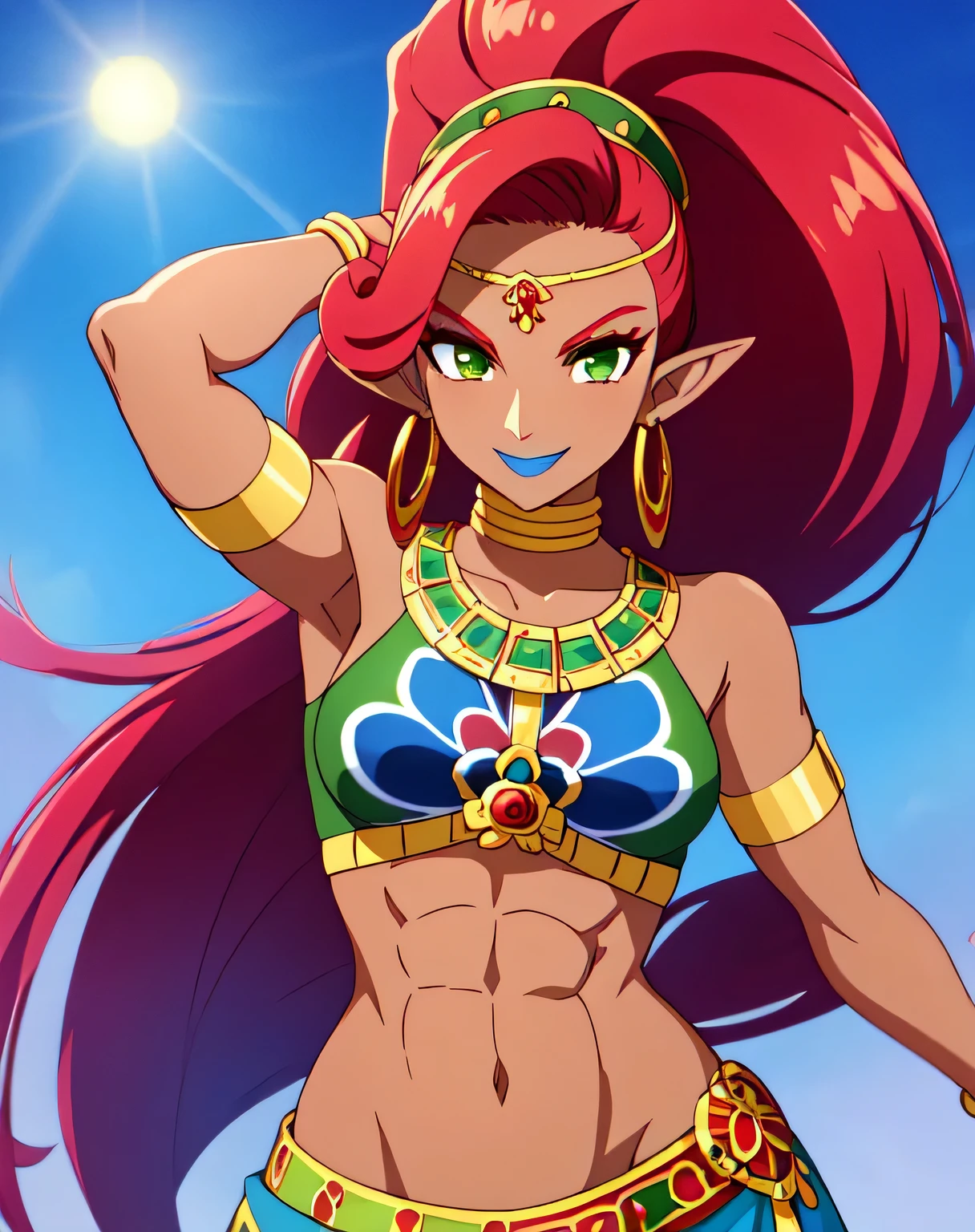 URBOSA, blue lipstick, green eyes, gerudo, red hair, dark skin, nail polish, long hair, ponytail, pointy ears, muscular, curvy, crop top, sarong, armlet, jewelry, forehead jewel, 1girl, solo, upper body, facing viewer, (looking at viewer:1.5), in the center, smile,