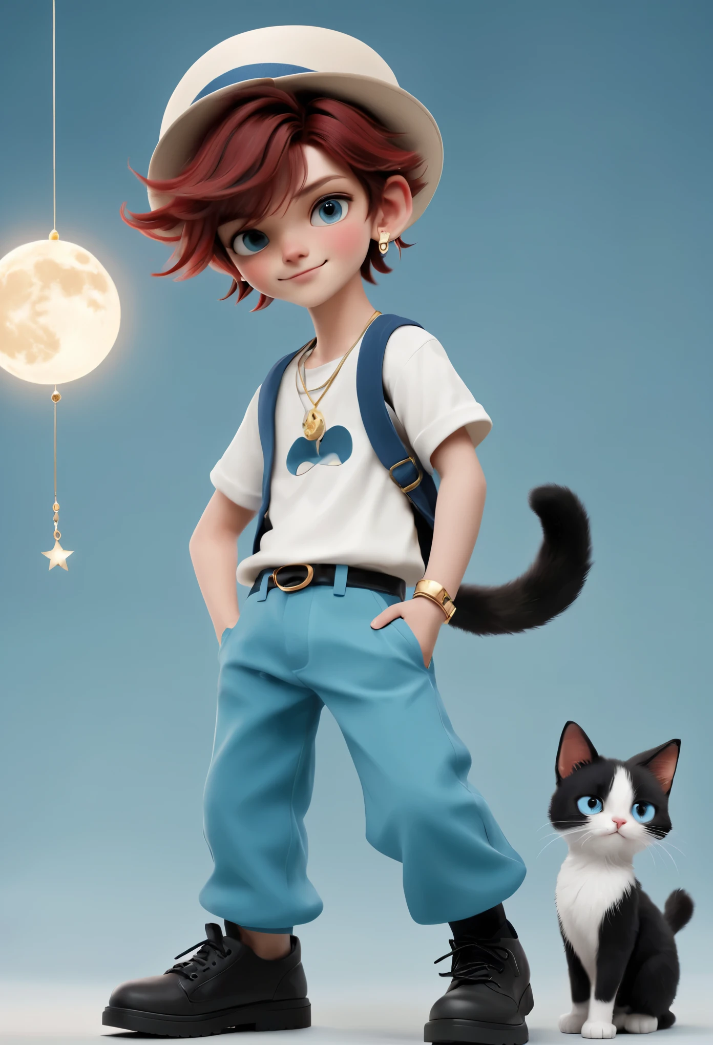 `Character appeal：The handsome boy has dark red hair, brown eyes, and a normal expression. He doesn&#39;t need to smile. He only needs one earring on one side, clothes and a hat. He has haze blue pants, black shoes, high shoes, black and white, and holds a cat in both hands. He is a black and white cat.（photo color）`

One hand wants a bracelet and a pendant wants the moon.