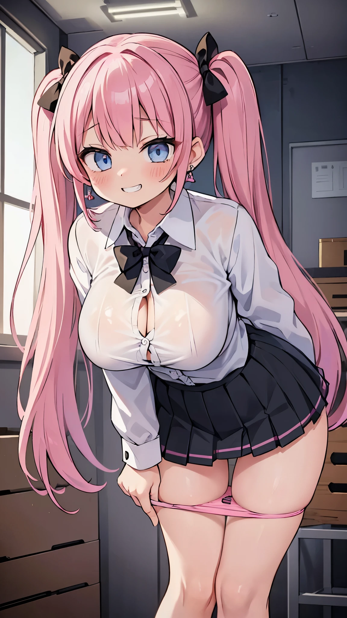 (masterpiece、highest quality、Super detailed)、((1 girl))、((pink hair))、((twin tails))、((light blue eyes))、evil smile、((grin))、steam、earrings、((very big breasts))、((white collared shirt))、((remove all buttons))、((black lace bra))、((black pleated skirt))、cowboy shot、((bent over:1.2))、((black panty pul))、Gym storeroom