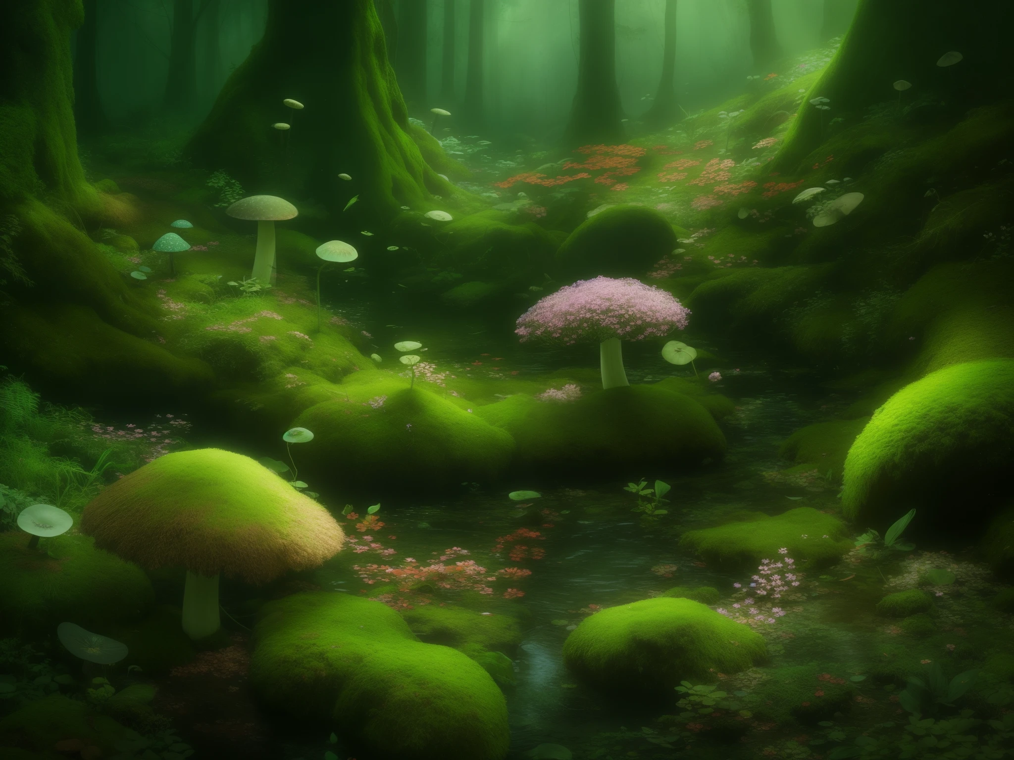 a group of flowers in the middle of a forest with moss, a photorealistic painting by Carl Rahl, flickr, environmental art, magical environment, 🌺 cgsociety, underwater plants, underwater mushroom forest, by rainer hosch, magical flowers, moss and flowers, floral environment, paul barson, beautiful environment, fantasy magical vegetation, magical forest in the background