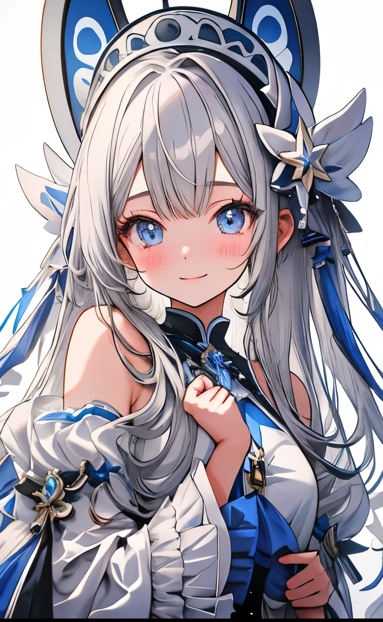 girl、white background、no background、long hair、long hair、gray hair、sparkling eyes、big ribbon、one piece、frills、cute、blush、Fair skin、smile、no background