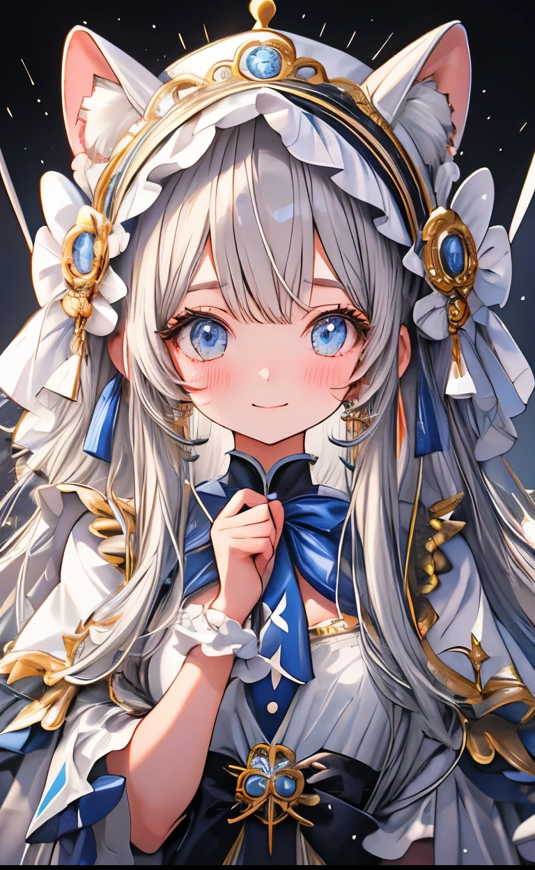 girl、white background、no background、long hair、long hair、gray hair、sparkling eyes、big ribbon、one piece、frills、cute、blush、Fair skin、smile、no background