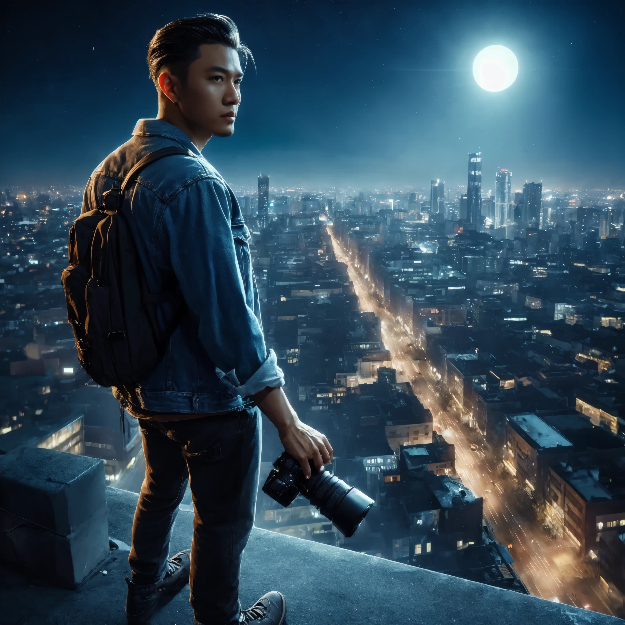 (best quality, highres, realistic:1.2), ultra-detailed, genuine natural lighting, HDR, studio lighting, professional (Indonesian-themed:1.1), portraits, man, undercut slick back hair, denim jacket, boots, standing, top of a building, DSLR camera, night time atmosphere