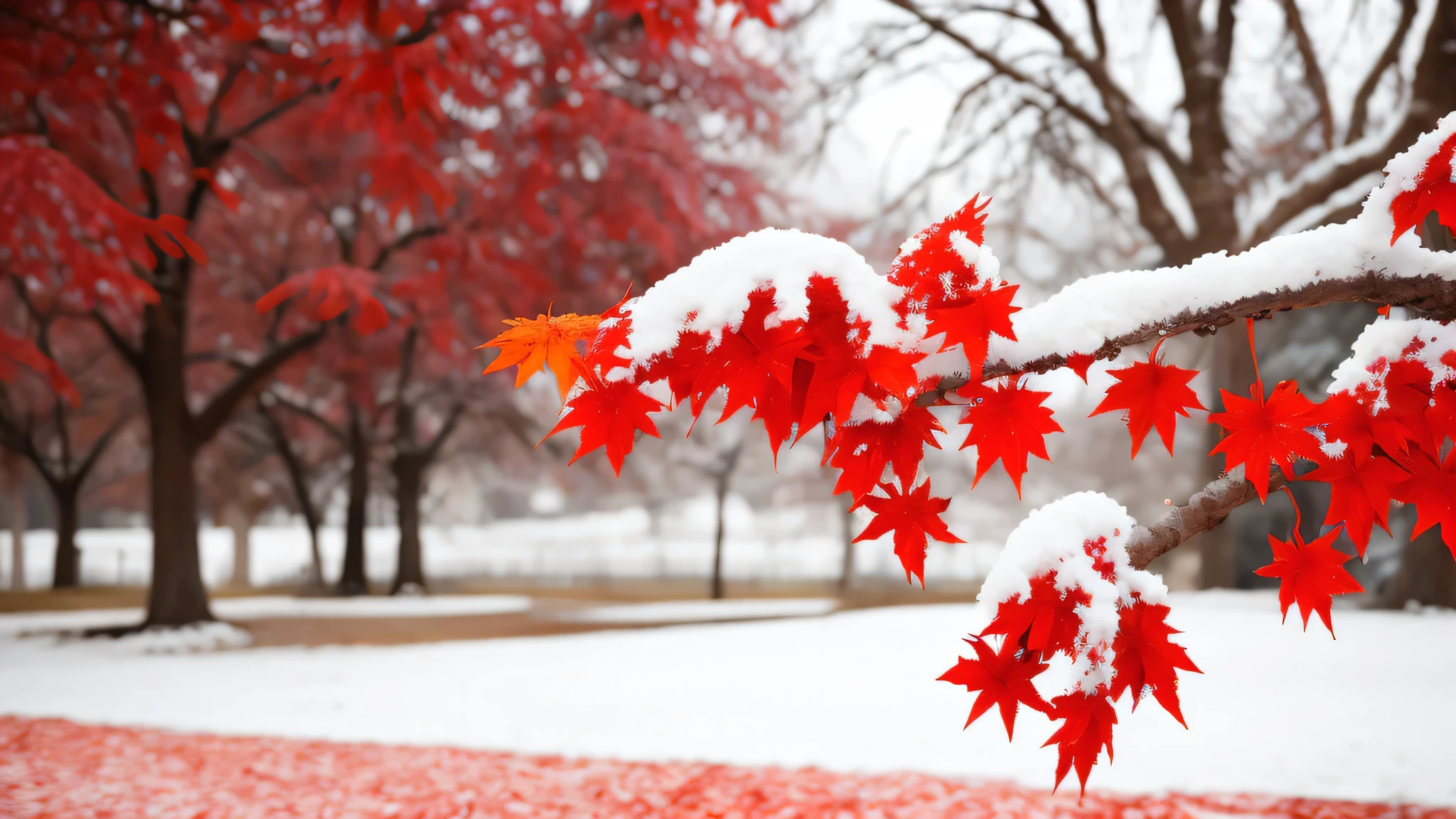 snowy scene of a tree with red leaves in the foreground, with snow covered colourful red, beautiful wallpaper, magical leafs falling, red and white colors, dusting of snow, autumn season, red leaves, maple tree, canadian maple leaves, red trees, red leaves on the ground, blood red leaves, very beautiful photo, gentle snow, red and white color theme