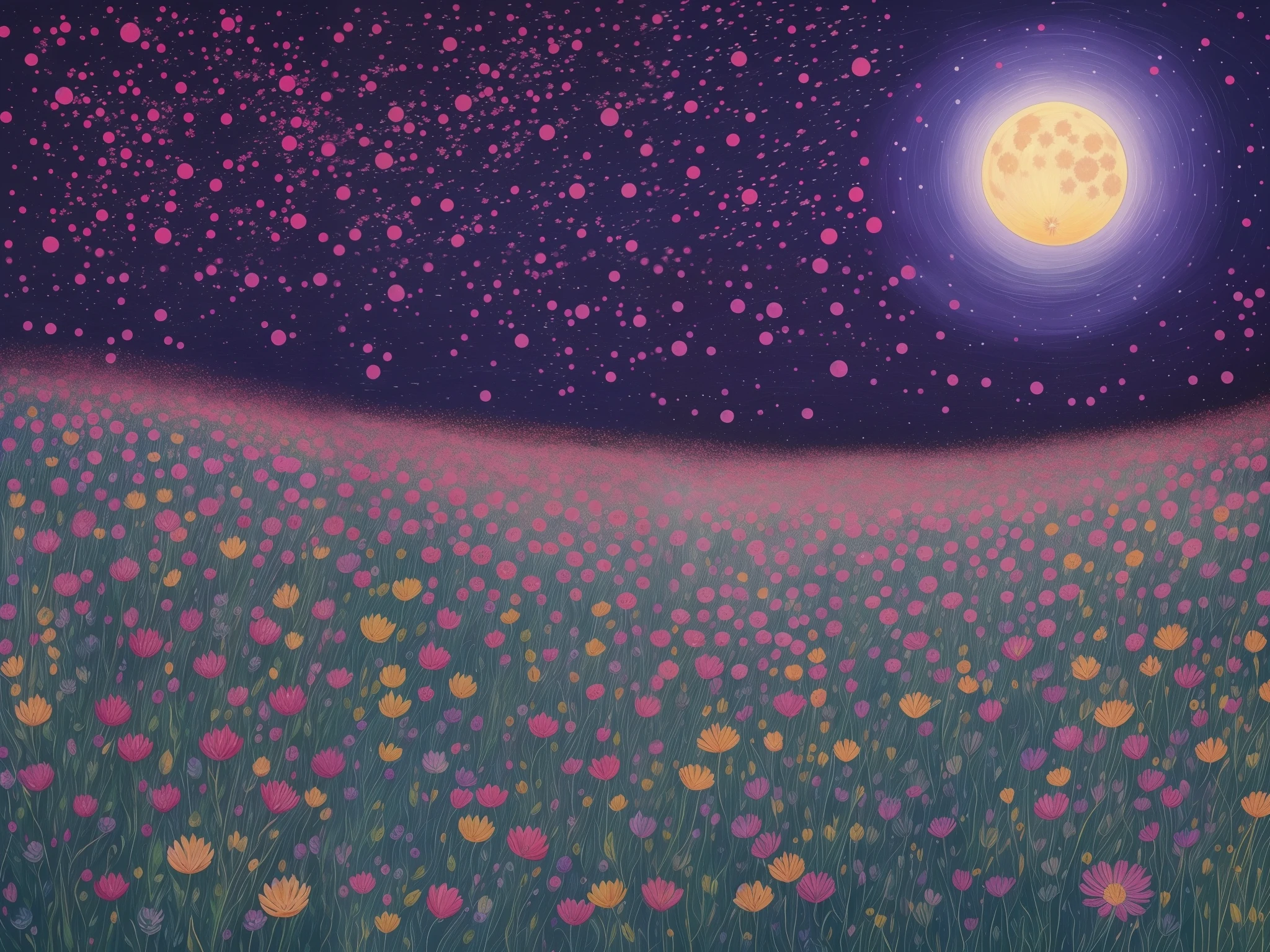 a painting of a field of flowers with a full moon in the background, a pointillism painting by Yamagata Hiro, tumblr, conceptual art, blue fireflies, field of flowers at night, starry-night!!!!!!!!!!!!!!!!!!!!, fireflies and sparkling wisps, moonlight shining on wildflowers, fireflies!!!!, fireflies!!, night sky full of flowers