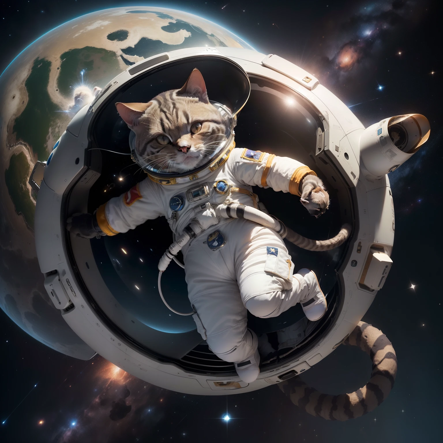 (c((gato astronauta corpo inteiro)), astronauta, arte realista, arte desviante, trending artstation, arte digital, muito detalhado, realista, Humanoid, personagem, Film shooting, Cinematic portrait of astronaut cat floating full body