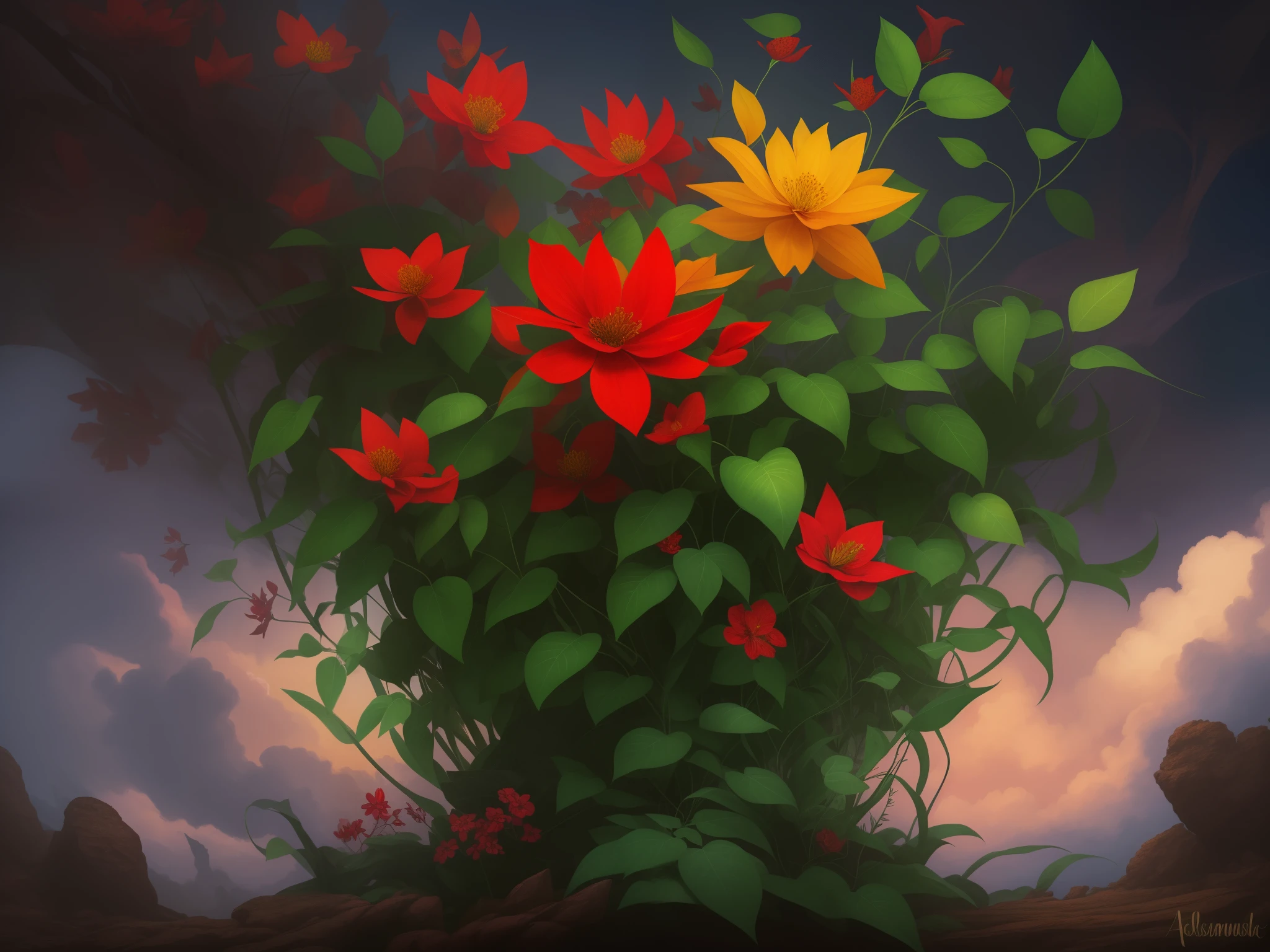 there is a red and yellow flower bush with green leaves, a digital painting by Andrei Kolkoutine, tumblr, conceptual art, 🌺 cgsociety, beautiful deep colours, rich deep colors. a masterpiece, surreal waiizi flowers, deep colours. ”, beautiful deep colors, nature and floral aesthetics, covered in flame porcelain vine, dark flowers, rich deep colors. masterpiece