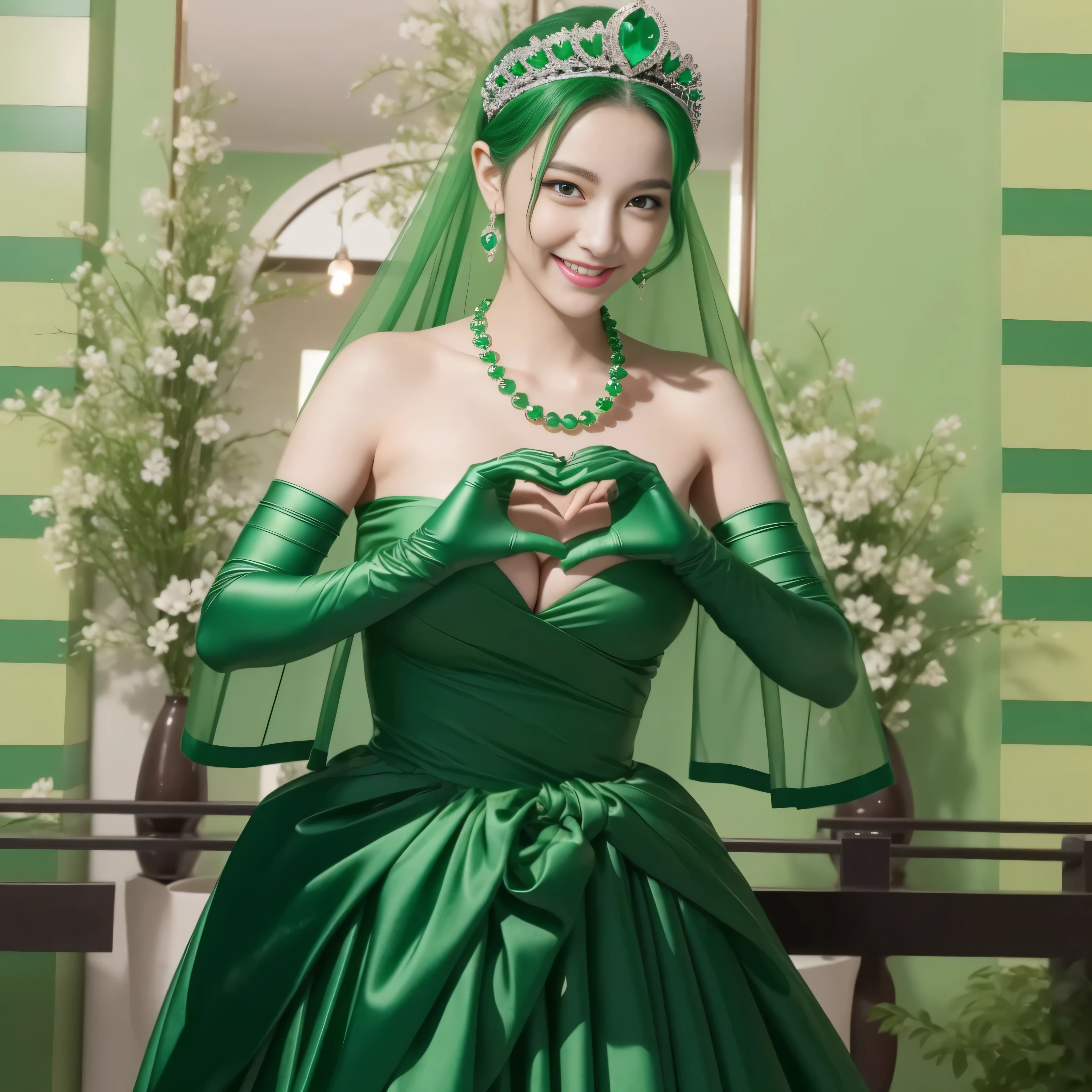 emerald tiara, Green Pearl Necklace, ボーイッシュな非常に短いgreen hair, green lips, smiling Japanese woman, very short hair,  Beautiful woman with big breasts, green eyes, green satin long gloves, green eyes, emerald earrings, Green veil, Heart with both hands, green hair, beautiful japanese woman, heart shaped hands:1.3, green lip gloss