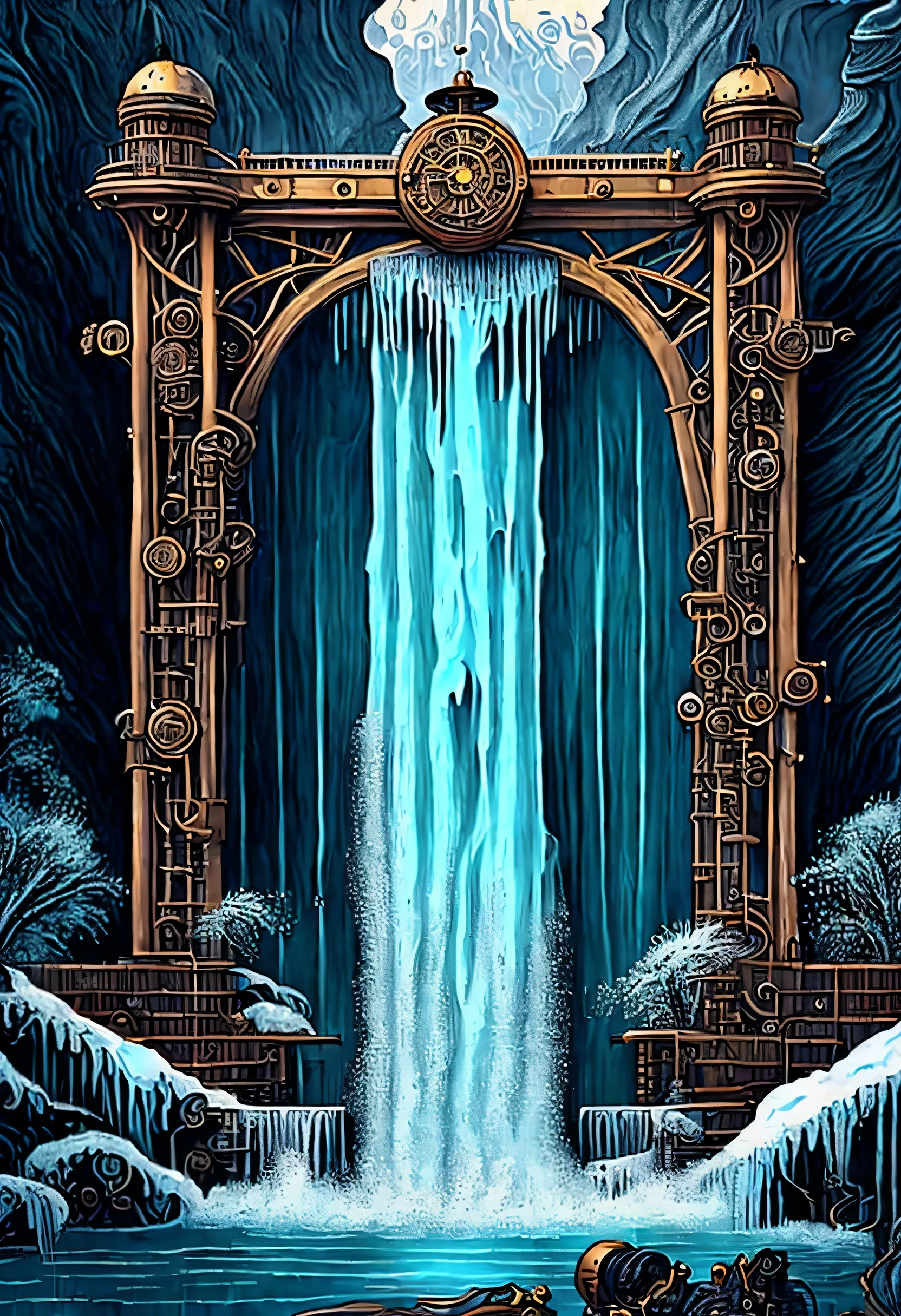 A world inspired by steampunk, (((Stunning waterfall in a steampunk style:1.3))), A majestic waterfall freezes, Breathtaking representation of ice and snow, (((illustration of darkness and light:1.3))), amazing winter waterfall, Big bridge illuminated, crystal clear pool below, brick stairs leading to the bridge, decorated with glowing lanterns, gray wolf drinking water, gears and pipes, natural shine and shadow, Machines in sparkling water and fog, complex machinery, (((Complex detailed drawings:1.3))),