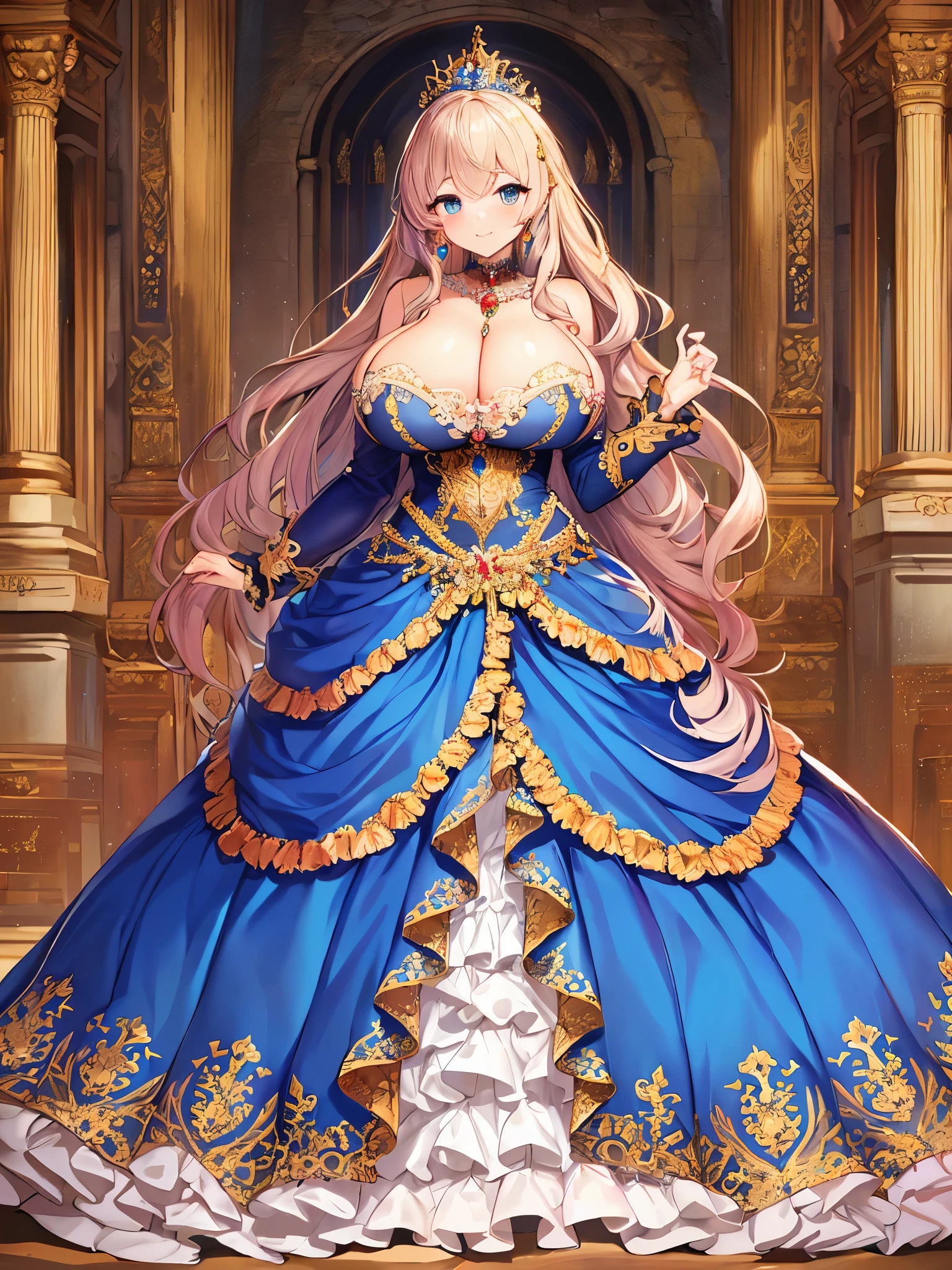 anime artstyle,Masterpiece,Best Quality,Super Detail,Very Delicate and Beautiful,Solo,((full body)),full body portrait,((1 bling-bling princess in a gorgeous embroidery rococo ballgown with jeweled)),(((very very gigantic tits,cleavage,curvy))),Skindentation,((Cathedral,church)),((crinoline,long train)),super detailed gorgeous ballgown with voluminous full length hoop skirt,gorgeous princess rococo ballgown with long train,((gorgeous princess rococo ballgown with beautiful embroidery and jeweled)),(detailed face and eyes),jewel-like eyes,((extremely voluminous straight Hair,Extremely Long Straight Hair)),extremely gorgeous hair ornament,((extremely gorgeous bling-bling big tiara)),bling-bling luxurious jewelry,Beautifully detailed lots of lace and ruffles,(Dynamic Angle),(((super detailed gorgeous princess rococo ballgown with voluminous full length hoop skirt))),full body