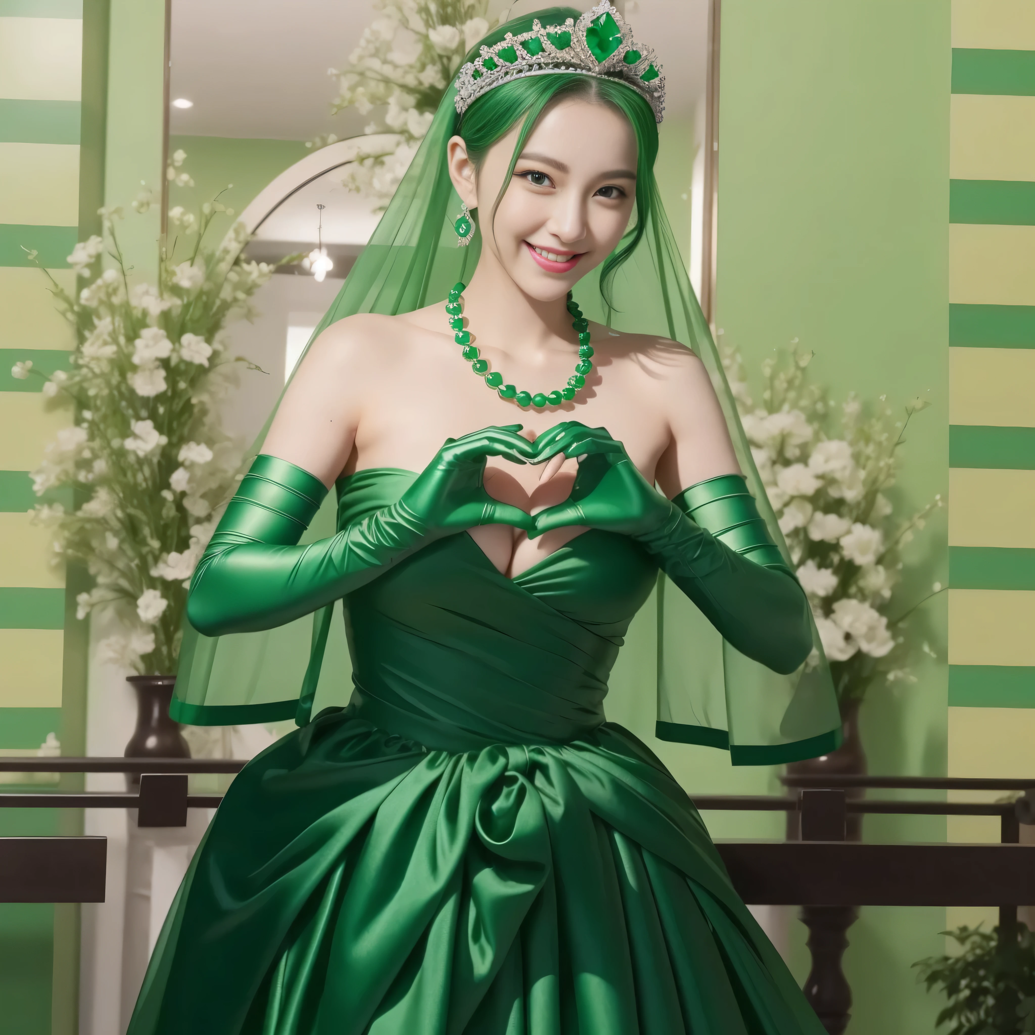 emerald tiara, Green Pearl Necklace, ボーイッシュな非常に短いgreen hair, green lips, smiling Japanese woman, very short hair, Beautiful woman with big breasts, green eyes, green satin long gloves, green eyes, emerald earrings, Green veil, Heart with both hands, green hair, beautiful japanese woman, heart shaped hands:1.3, green lip gloss