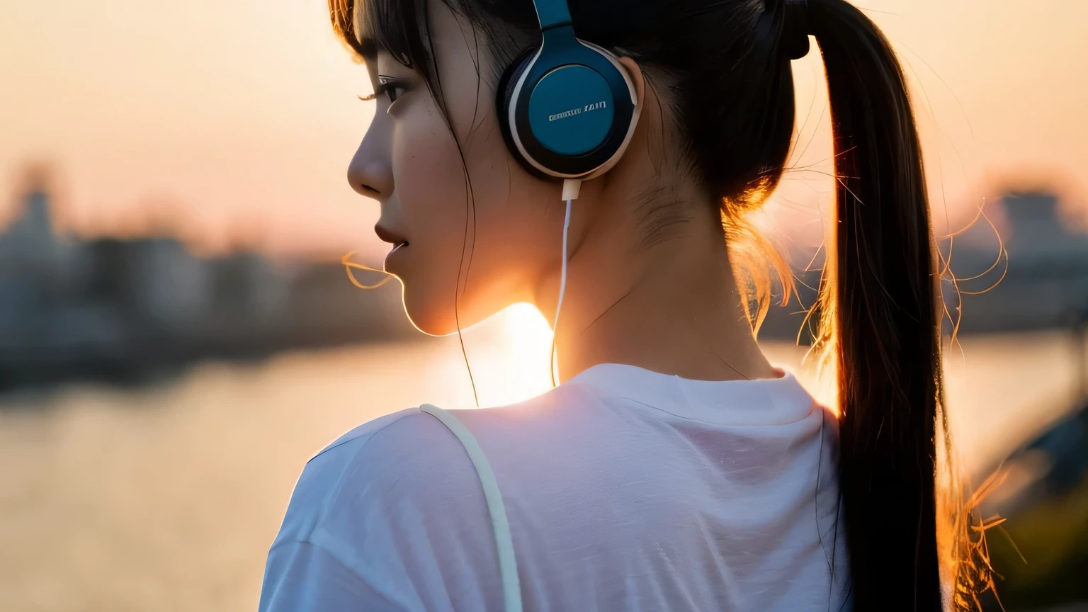 ((highest quality)), ((masterpiece)), (become familiar with), Beautiful sunset view,Back view of a young Japanese woman,The background is the sunset,A woman is wearing headphones and listening to music,