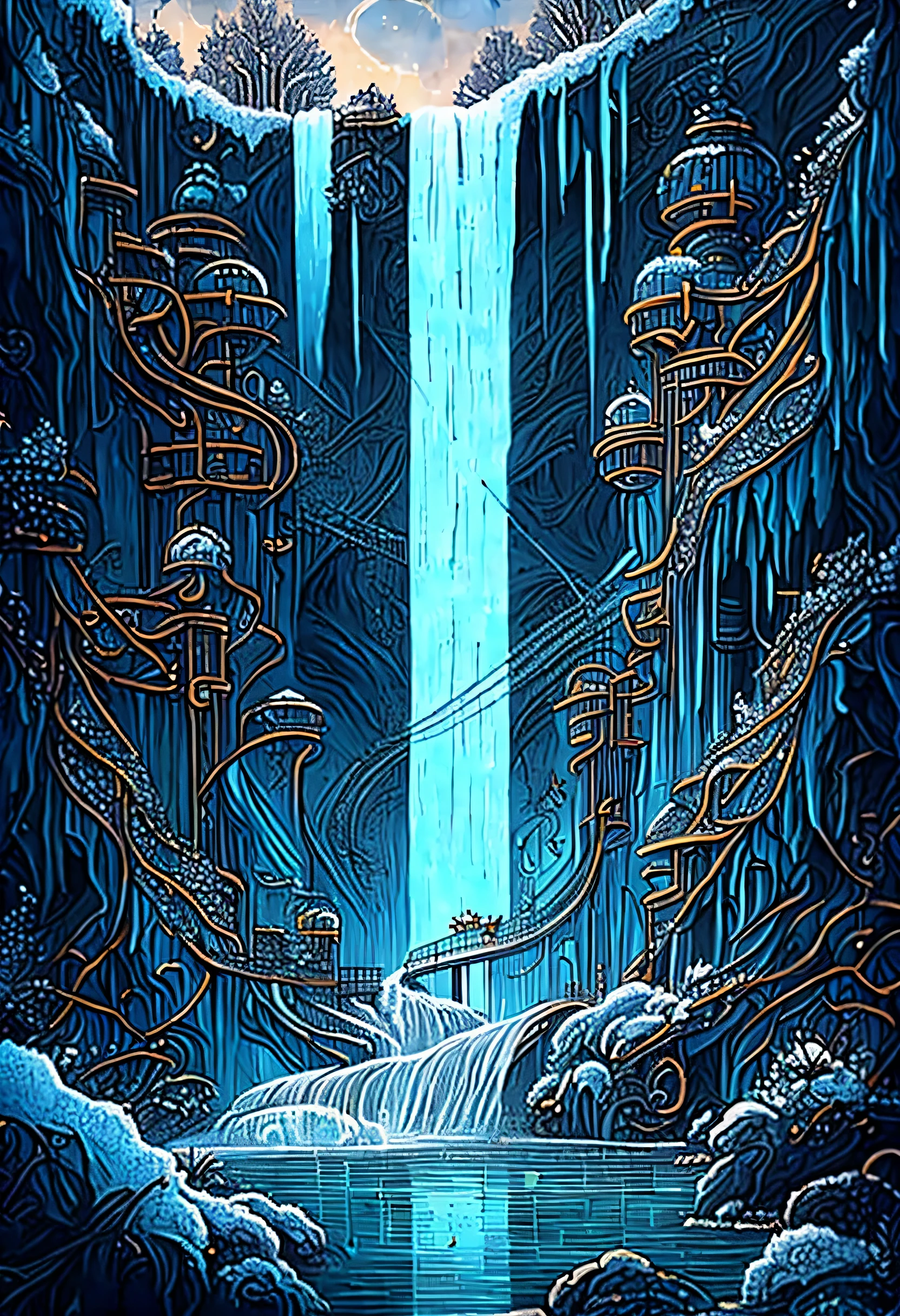A world inspired by steampunk, (((Stunning waterfall in a steampunk style:1.3))), A majestic waterfall freezes, Breathtaking representation of ice and snow, (((illustration of darkness and light:1.3))), amazing winter waterfall, Big bridge illuminated, crystal clear pool below, brick stairs leading to the bridge, decorated with glowing lanterns, gears and pipes, natural shine and shadow, Machines in sparkling water and fog, complex machinery, (((Complex detailed drawings:1.3))),