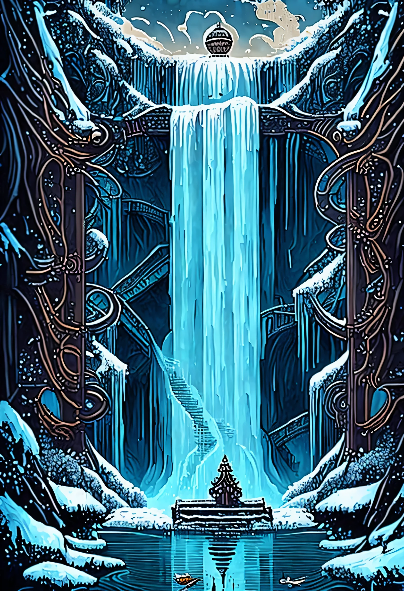 A world inspired by steampunk, (((Stunning waterfall in a steampunk style:1.3))), A majestic waterfall freezes, Breathtaking representation of ice and snow, (((illustration of darkness and light:1.3))), amazing winter waterfall, Big bridge illuminated, crystal clear pool below, brick stairs leading to the bridge, decorated with glowing lanterns, gray wolf drinking water, gears and pipes, natural shine and shadow, Machines in sparkling water and fog, complex machinery, (((Complex detailed drawings:1.3))),