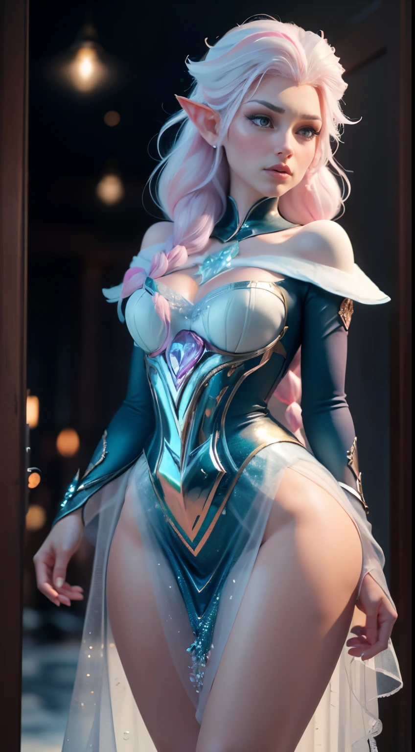 Elfgirl (rose quartz SU-Elsa frozen Disney mezclando modelos .) (ultra FUSION of white and pink hair) Highly detailed CG unity 8k wallpaper, style shot, complex, high detail, dramatic, highest quality movie still image, very detailed, masterpiece, best quality, character design, Elsa, Elsa from Frozen,Fusion Pink Diamond (( Dark style)), realistic ultra-detailed rendering style, natural light, sharp character design, (hard focus, 8k), (((natural skin texture))), 8k textures, soft cinematic lighting, adobe lightroom, dark room, hdr, Sophisticated, Elegant, Rich Detail, Sharp Focuilm Look) )), Soothing Tones, Detail Frenzy, Intricate Detail, Super Detail, Low Contrast, Soft Film Lighting, Dull Colors, Exposure Blending, HDR, Fade, 35mm, f/1.4, ISO64, f16, 25 sec.