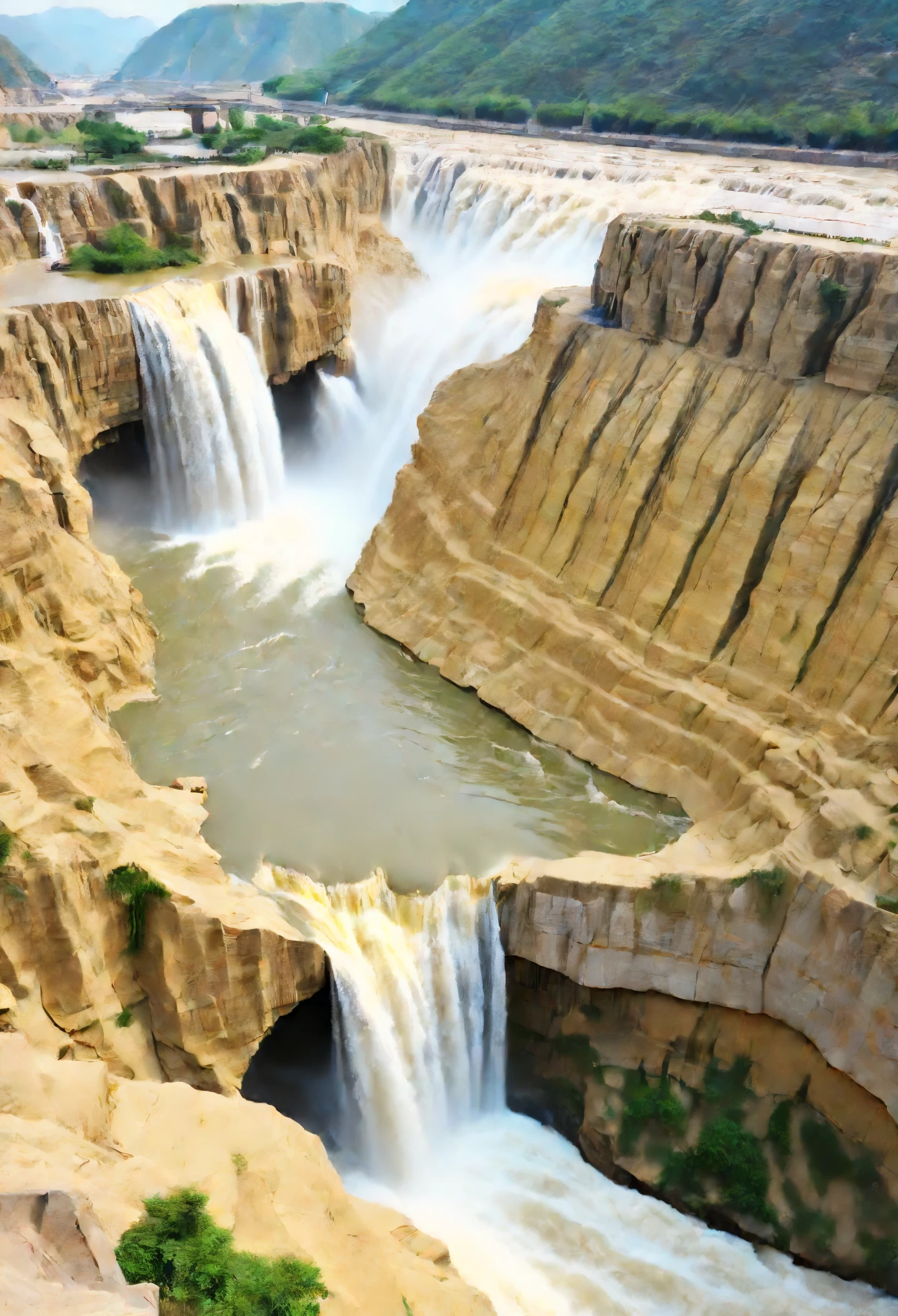 Hukou Waterfall is the second largest waterfall in China，largest waterfall in the world [3-7]。The Yellow River flows here，Sheer cliffs on both sides of the bank，The mouth of the river is as narrow as the mouth of a pot，Hence the name Hukou Waterfall。The water surface of the Yellow River upstream of the waterfall is 300 meters wide.，Within a distance of less than 500 meters，Compressed to a width of 20-30 meters。1000 cubic meters/Seconds of river water，Pouring from a cliff more than 20 meters high，Forming the spirit of &quot;harvesting a thousand miles of Yellow River in one pot&quot;。 [2]